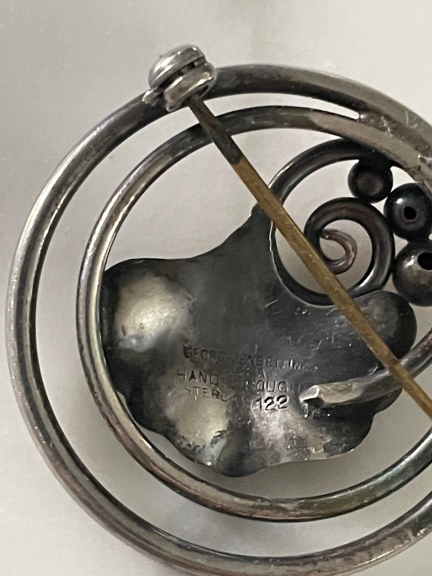 Vintage 40s Georg Jensen Hand Wrought Pin USA Sterling Silver Leaves Vine Berries Signed Nordic Brooch