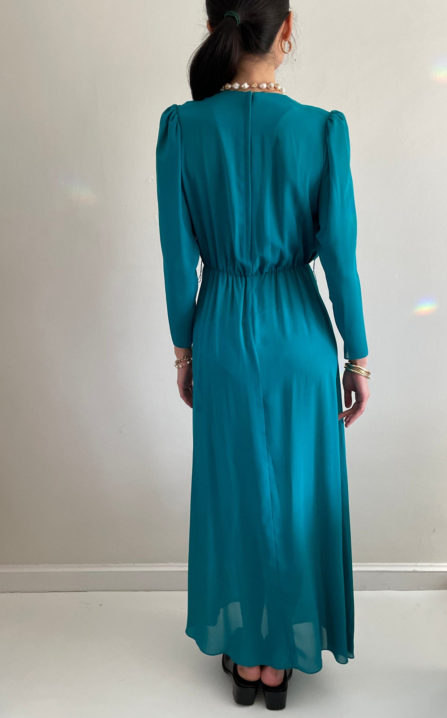 vintage chiffon sheer cocktail wedding guest maxi dress | aqua teal long sleeve sheer maxi dress | Medium