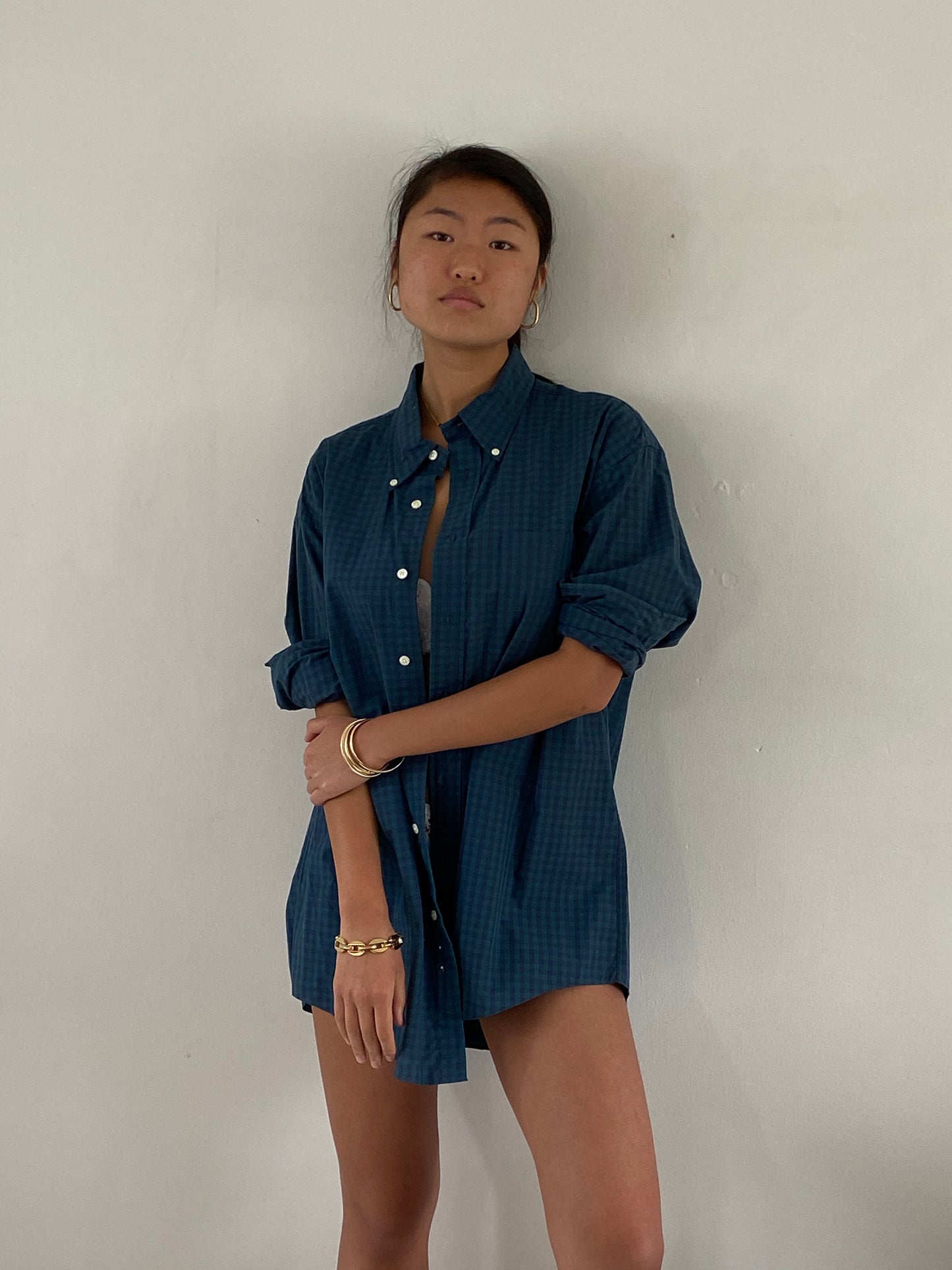 vintage 90s Brooks Brothers Navy Blue + Forest Green Gingham Oversized Button Down Boyfriend Shirt XL