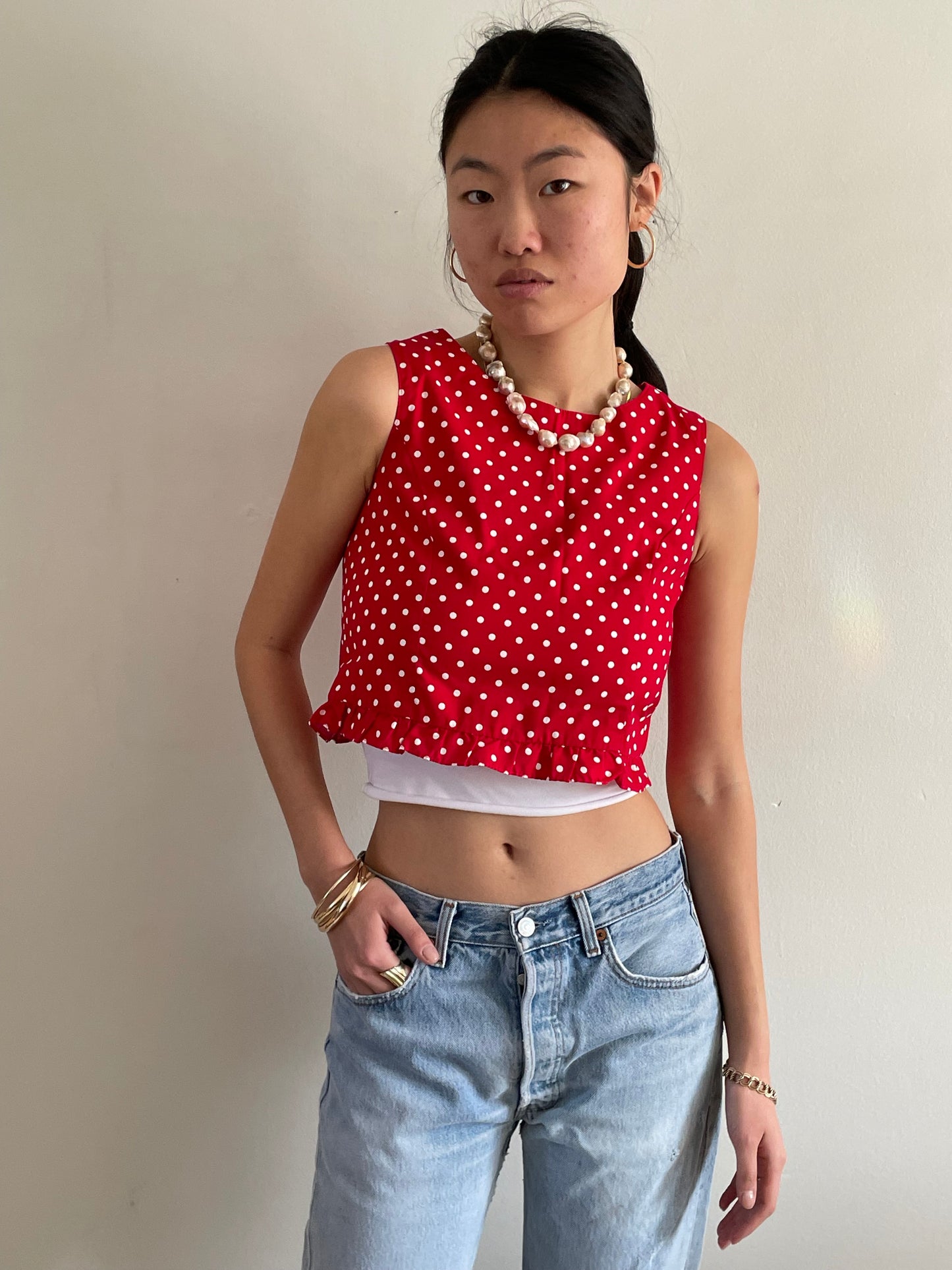 vintage 70s Lanz cotton polkadot cropped sleeveless blouse