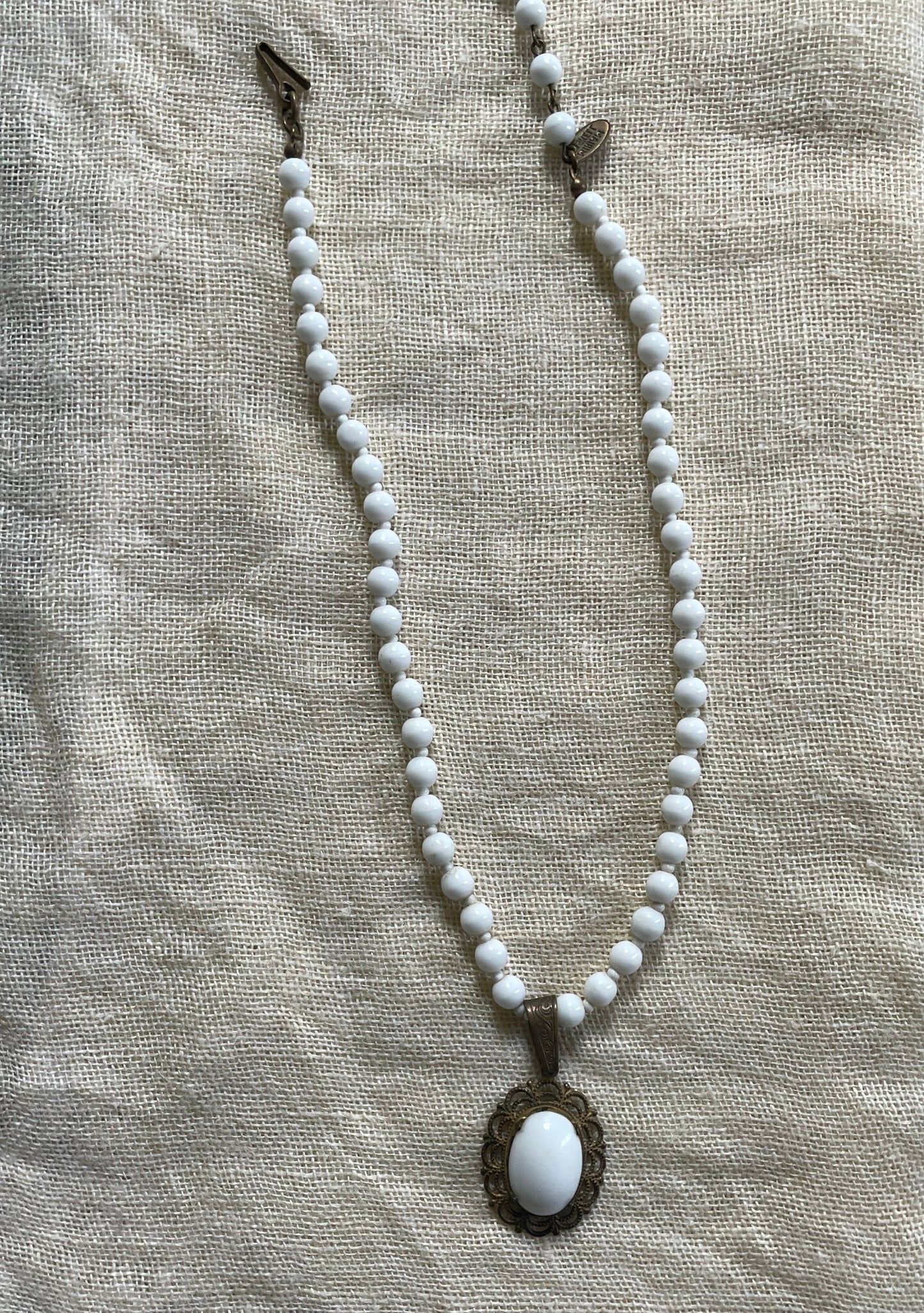 Vintage Miriam Haskell White Milk Glass Beaded Choker Pendant Necklace signed 50s Miram Haskell Jewelry