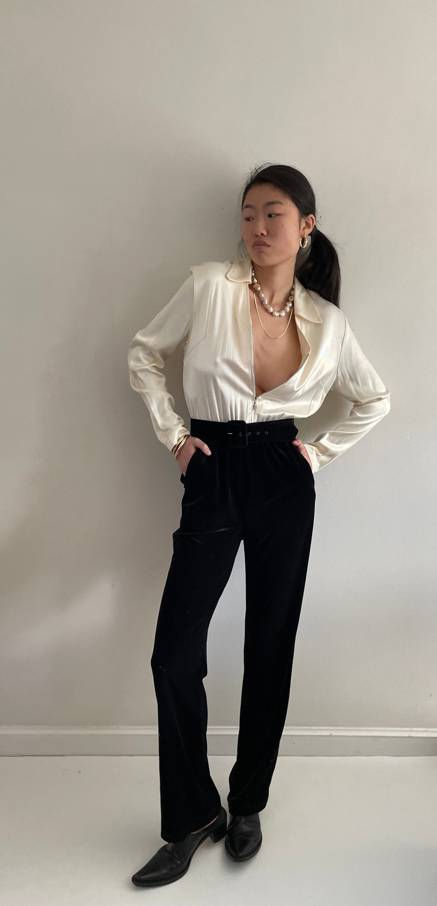 90s Charmeuse + Velvet Tuxedo Wedding Guest Jumpsuit Pant Suit S/M