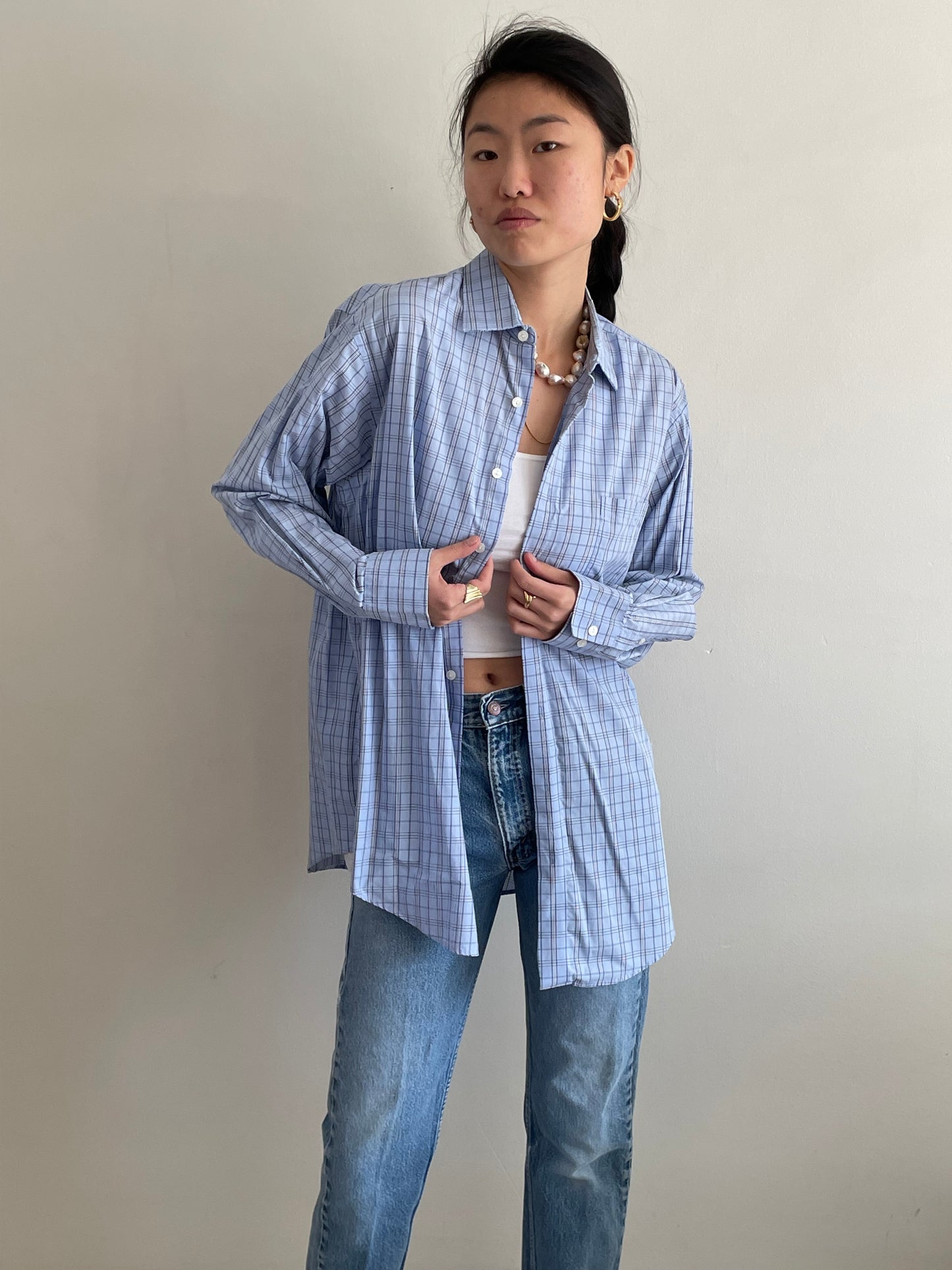 vintage light blue plaid checked oversized soft cotton boyfriend shirt | Large