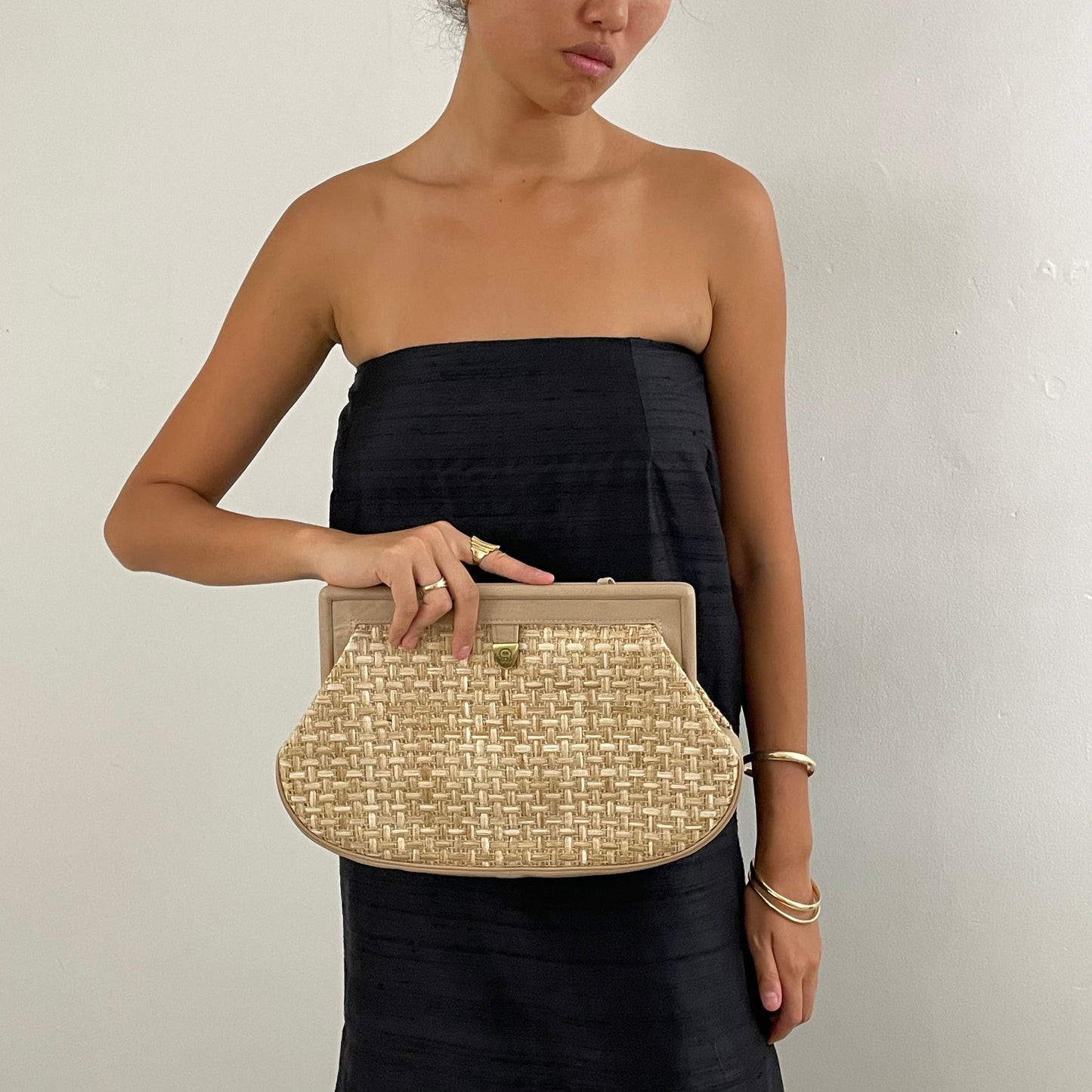 Vintage 90s woven rattan + leather clutch shoulder purse cross body handbag Etienne Aigner