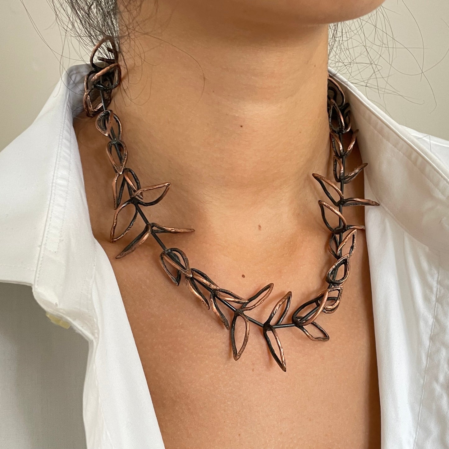Vintage Handcrafted Copper Leaf Twig Branch Brutalist Necklace Jewelry