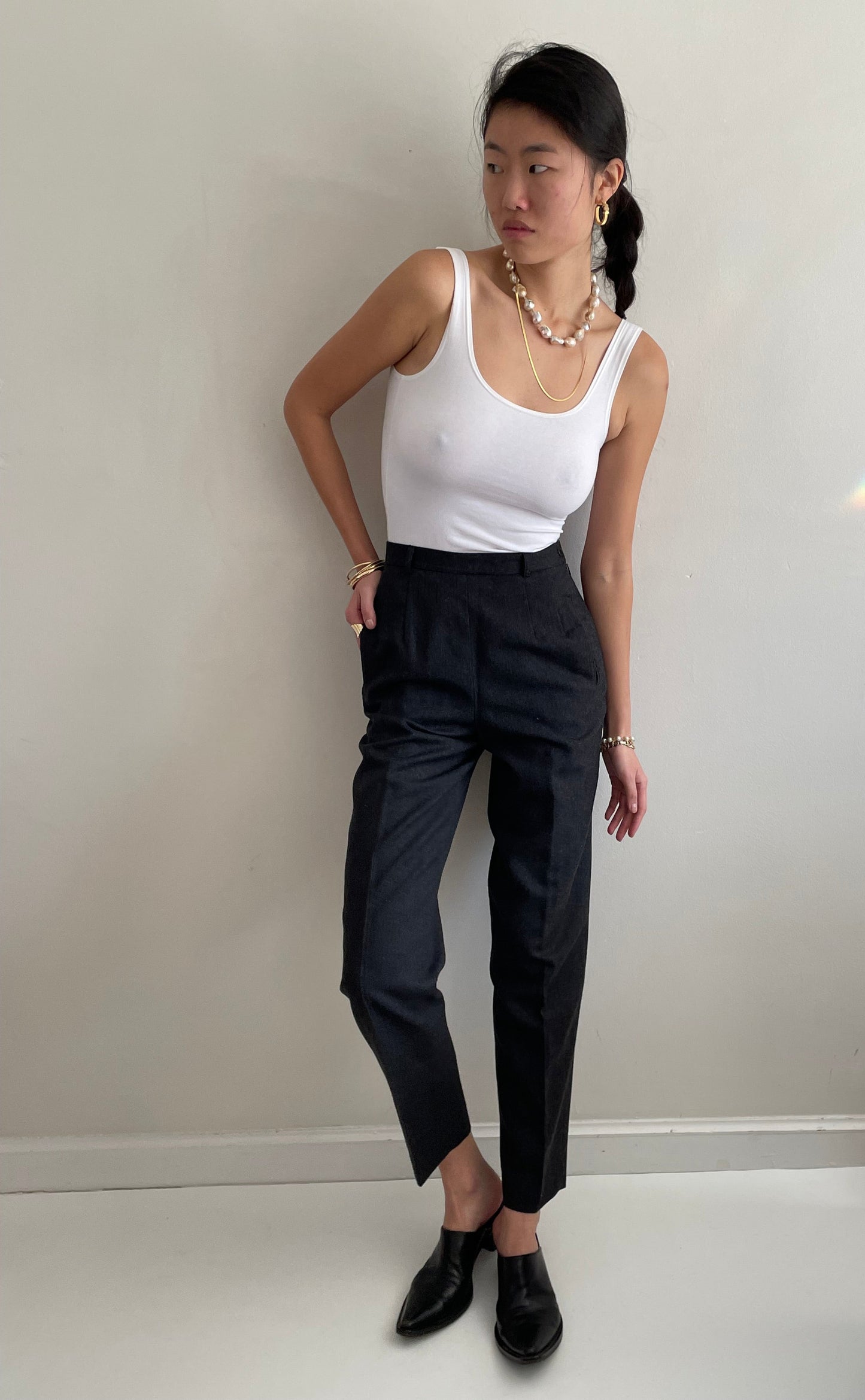 Vintage 90s Wool Pants | Charcoal Gray Flat Front Straight Cigarette Leg Pants | 26 Waist