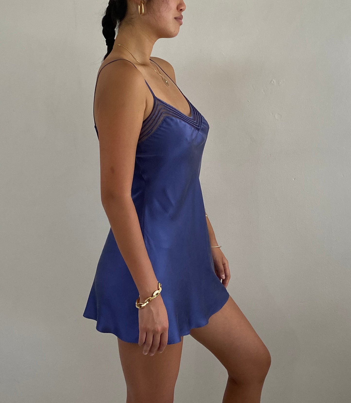 vintage 90s 100% silk charmeuse indigo blue mini slip dress nightgown lingerie Medium