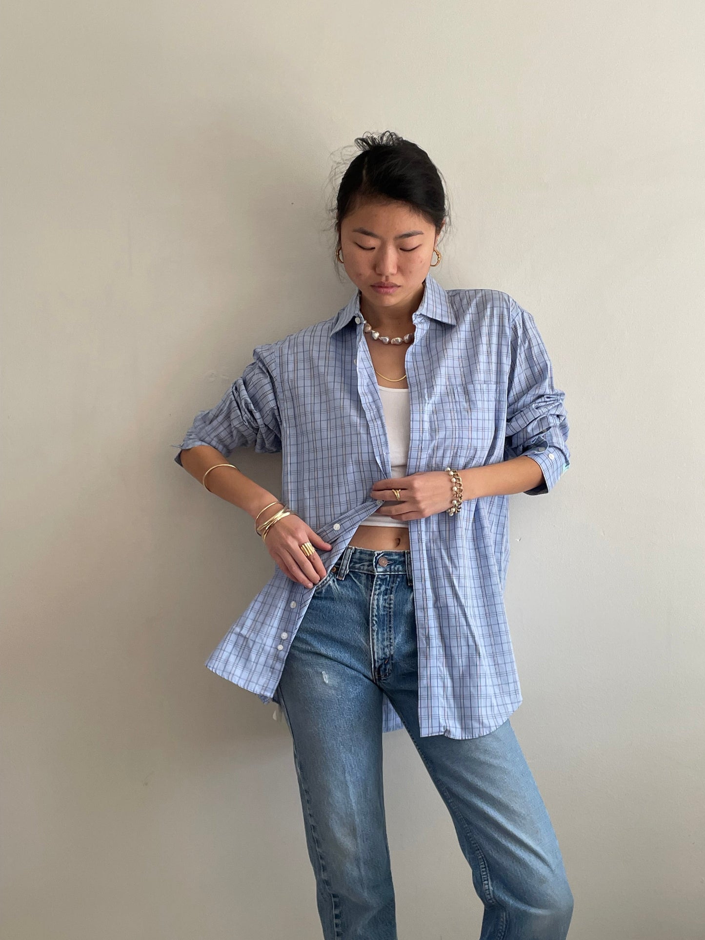 vintage light blue plaid checked oversized soft cotton boyfriend shirt | Large