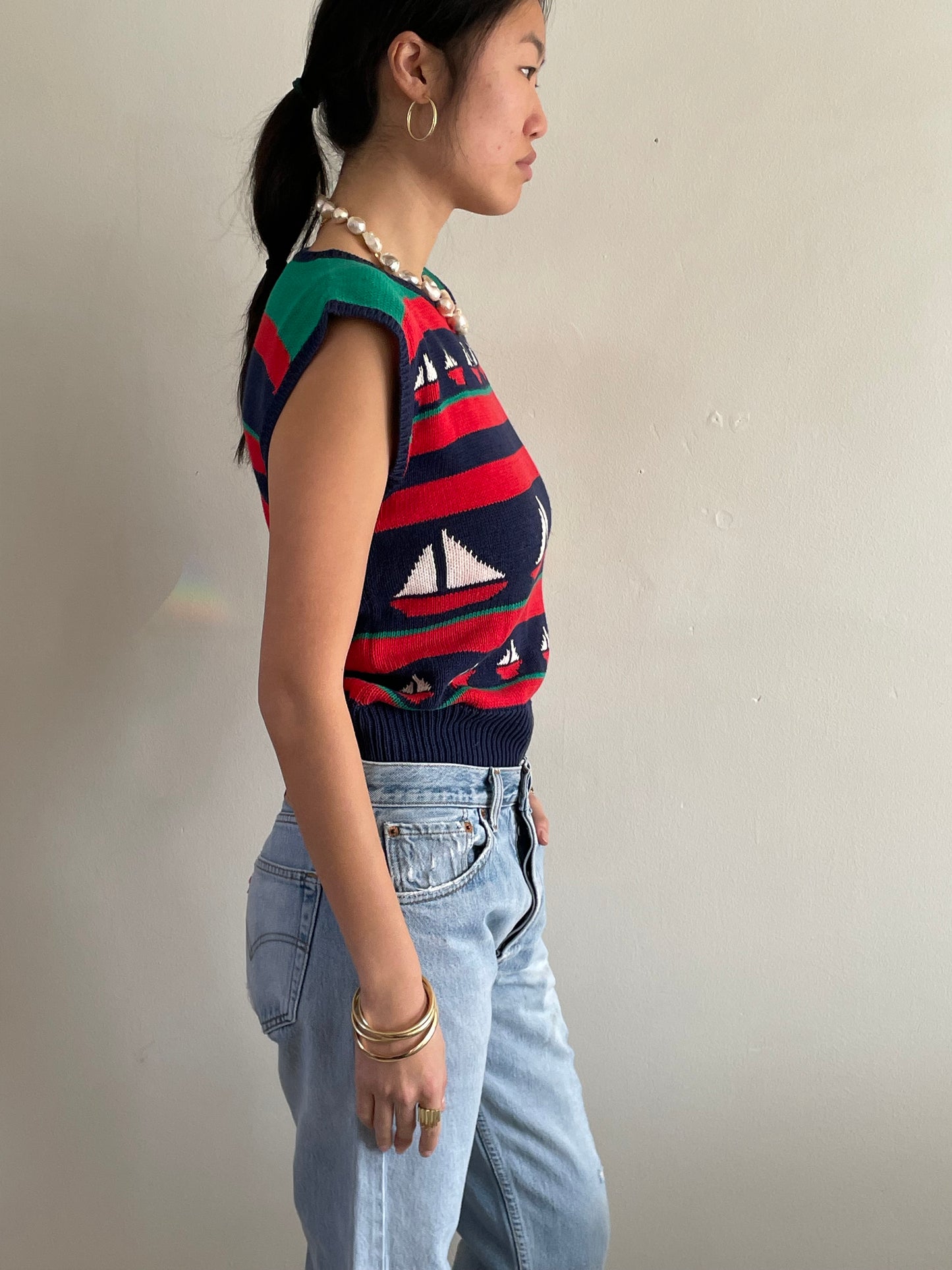 vintage cotton intarsia sailboat sleeveless sweater vest