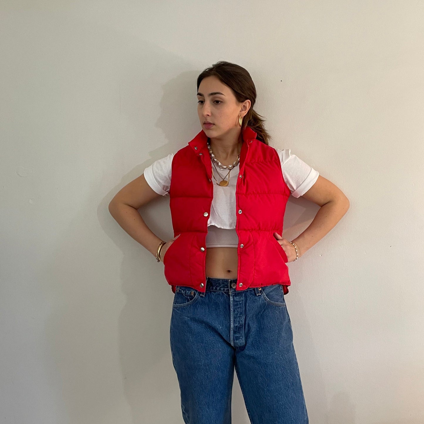 vintage 70s LL Bean goose down cherry red puffy womens vest | Cursive snap front cropped puffer Small
