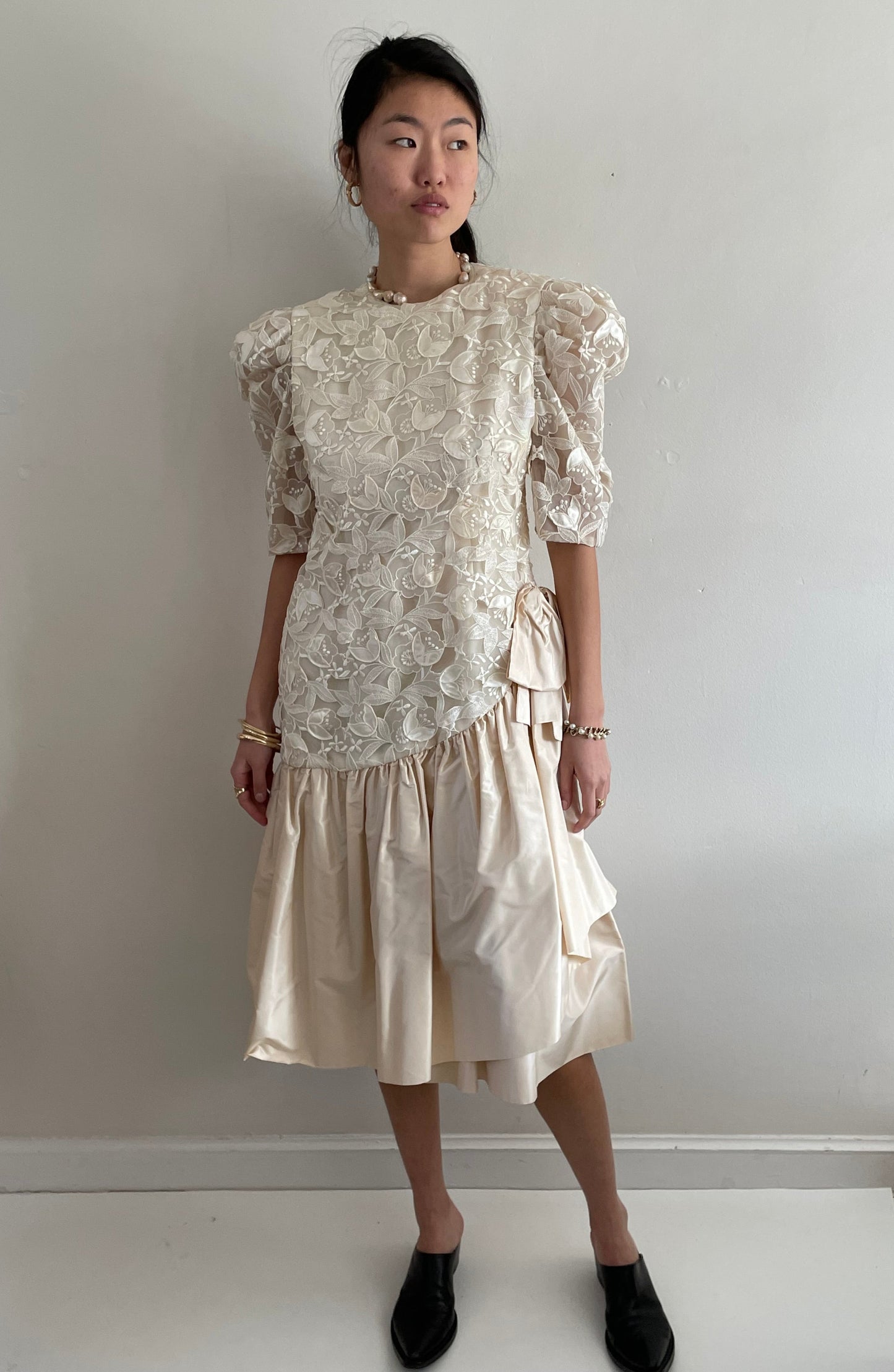 Vintage 80s Lace Dropped Waist Open Lace Silk Taffeta Princess Di Tea Dress | Medium