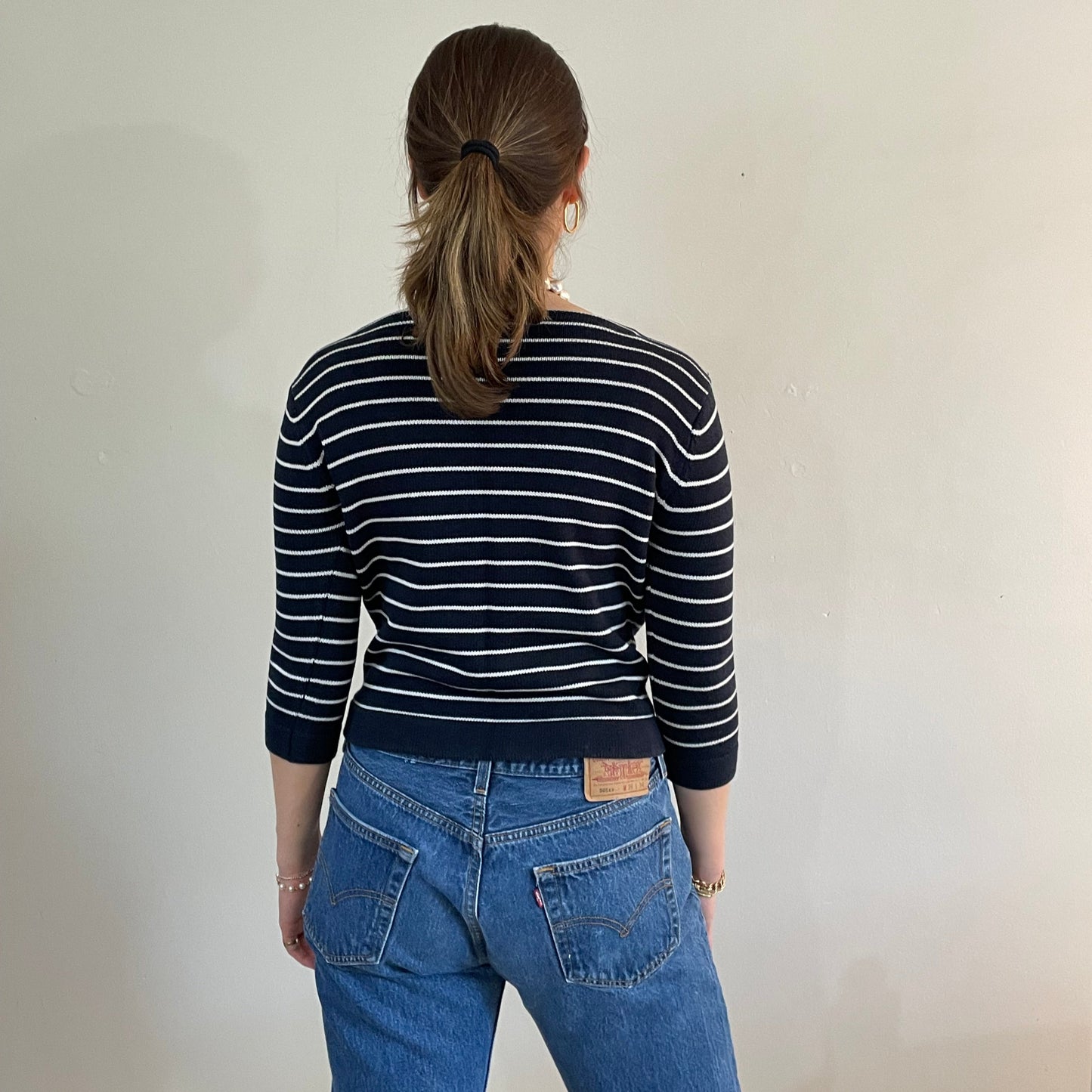 vintage 90s striped cotton sweater | navy blue Breton striped bateau boat neck sweater Medium