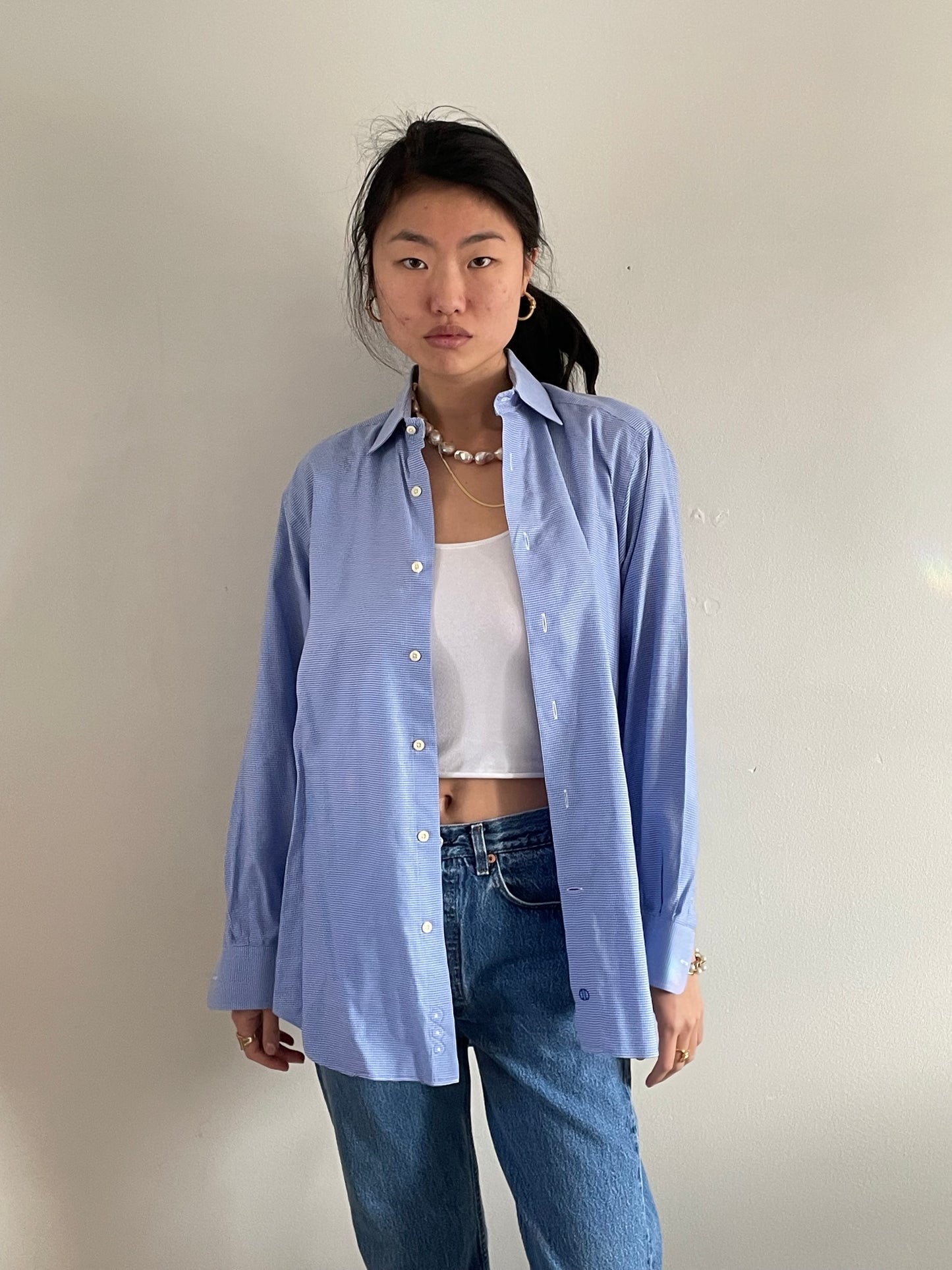 oversized cotton baby blue boyfriend shirt | luxe woven spread collar button down shirt | XL