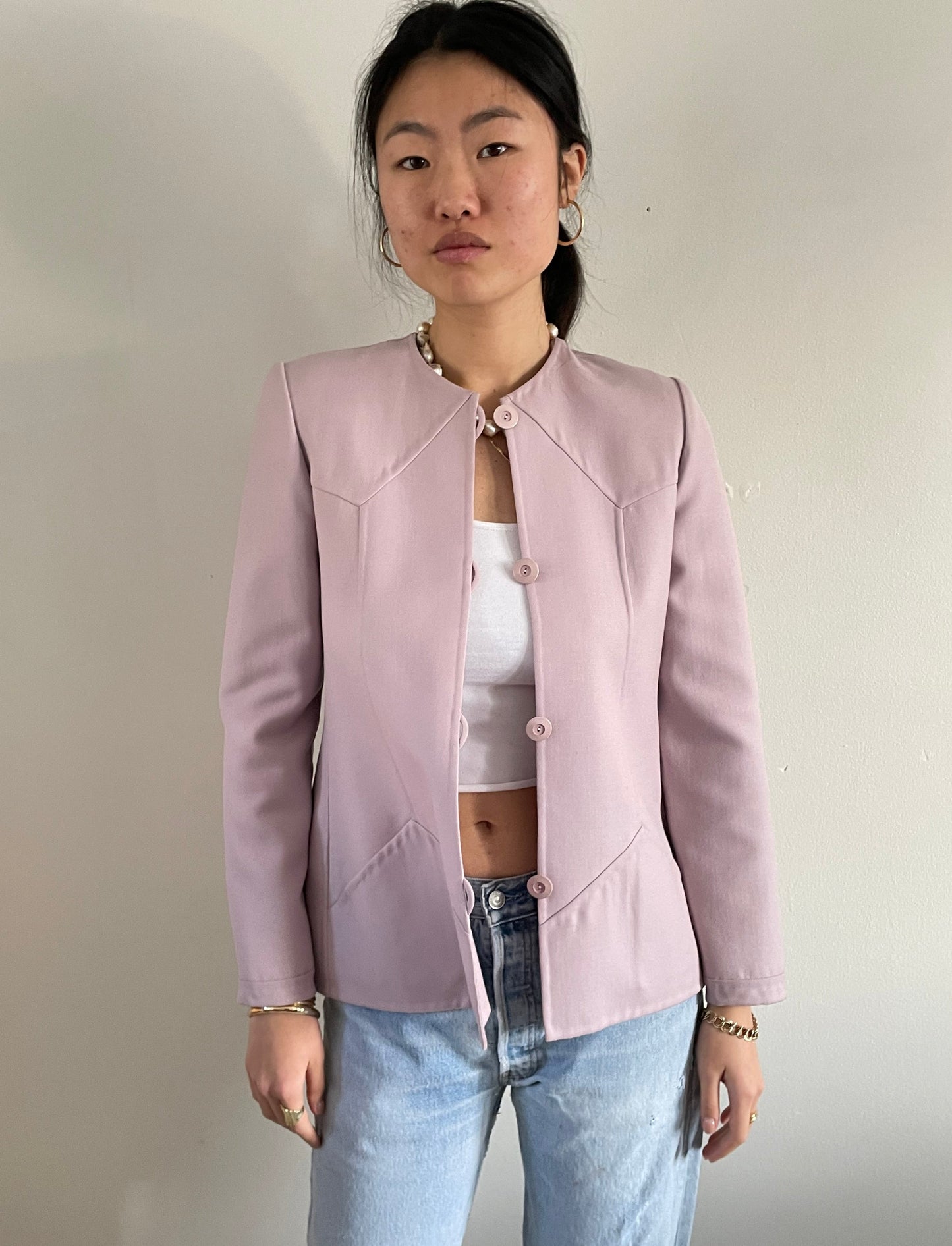 vintage André Laug Haute Couture lavender wool blazer and skirt suit