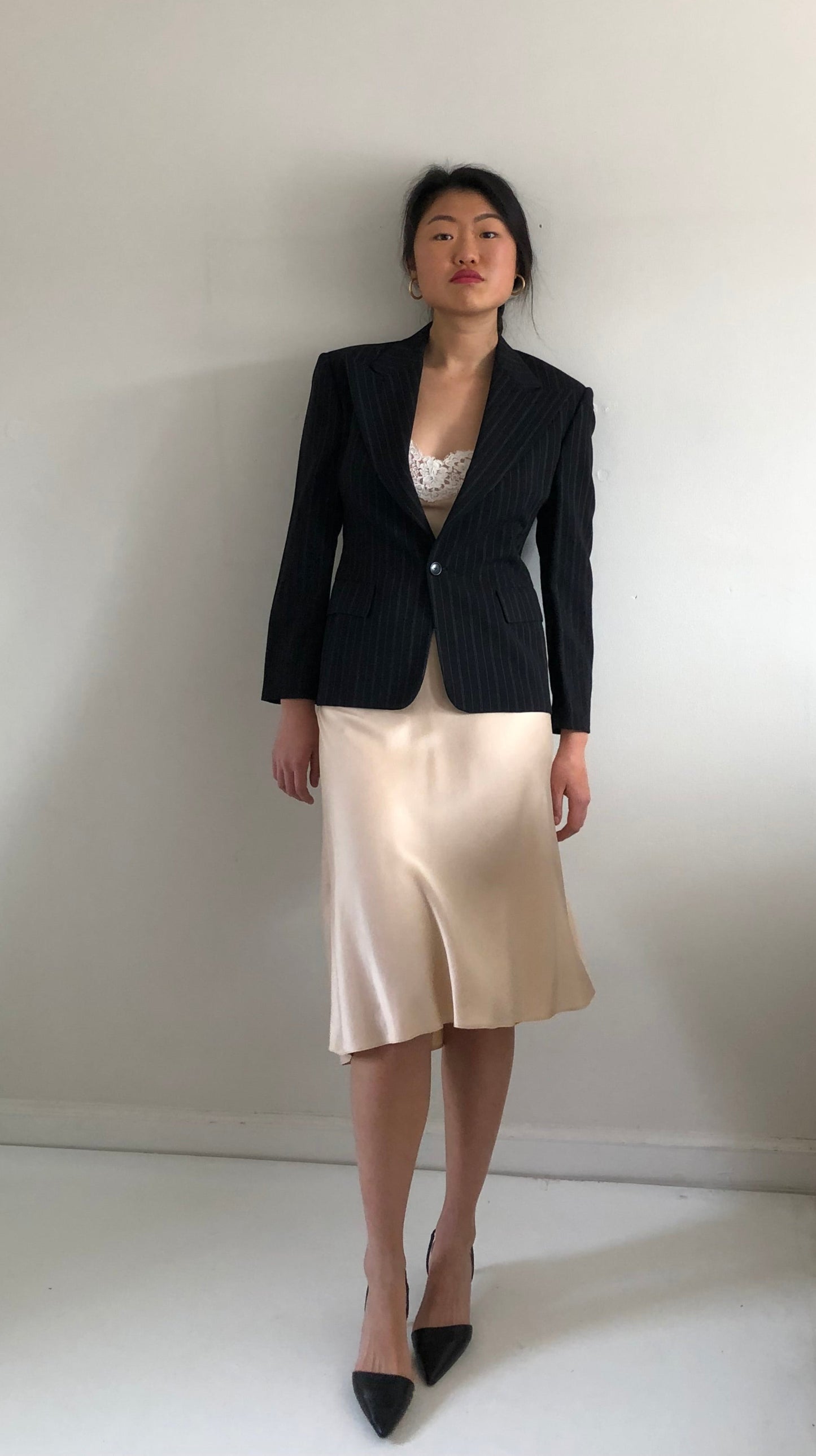Vintage 90s Ralph Lauren Collection Cropped Pinstripe Black Wool Blazer | Purple Label USA size 10