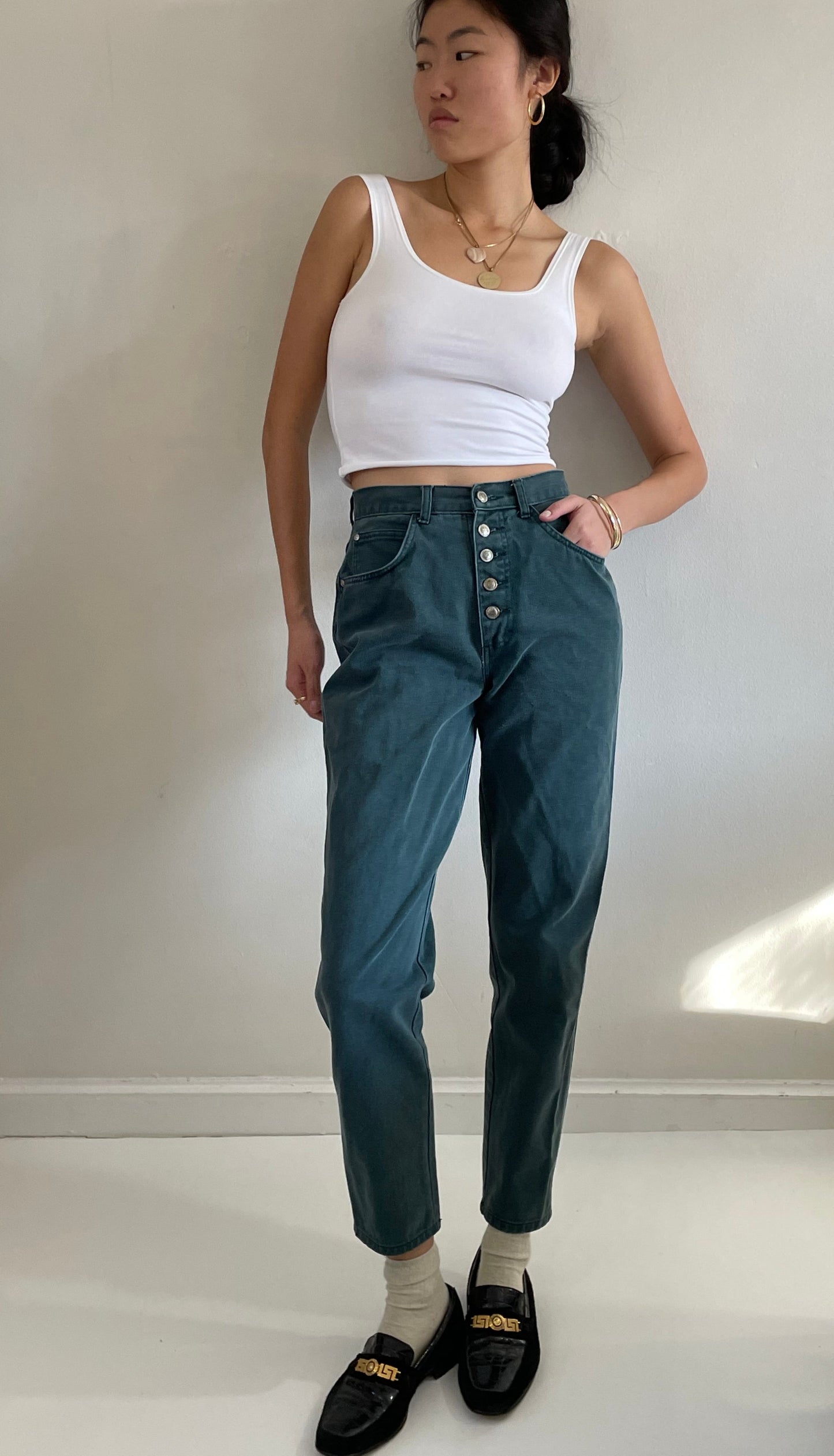vintage 90s green high waisted button fly jeans levis