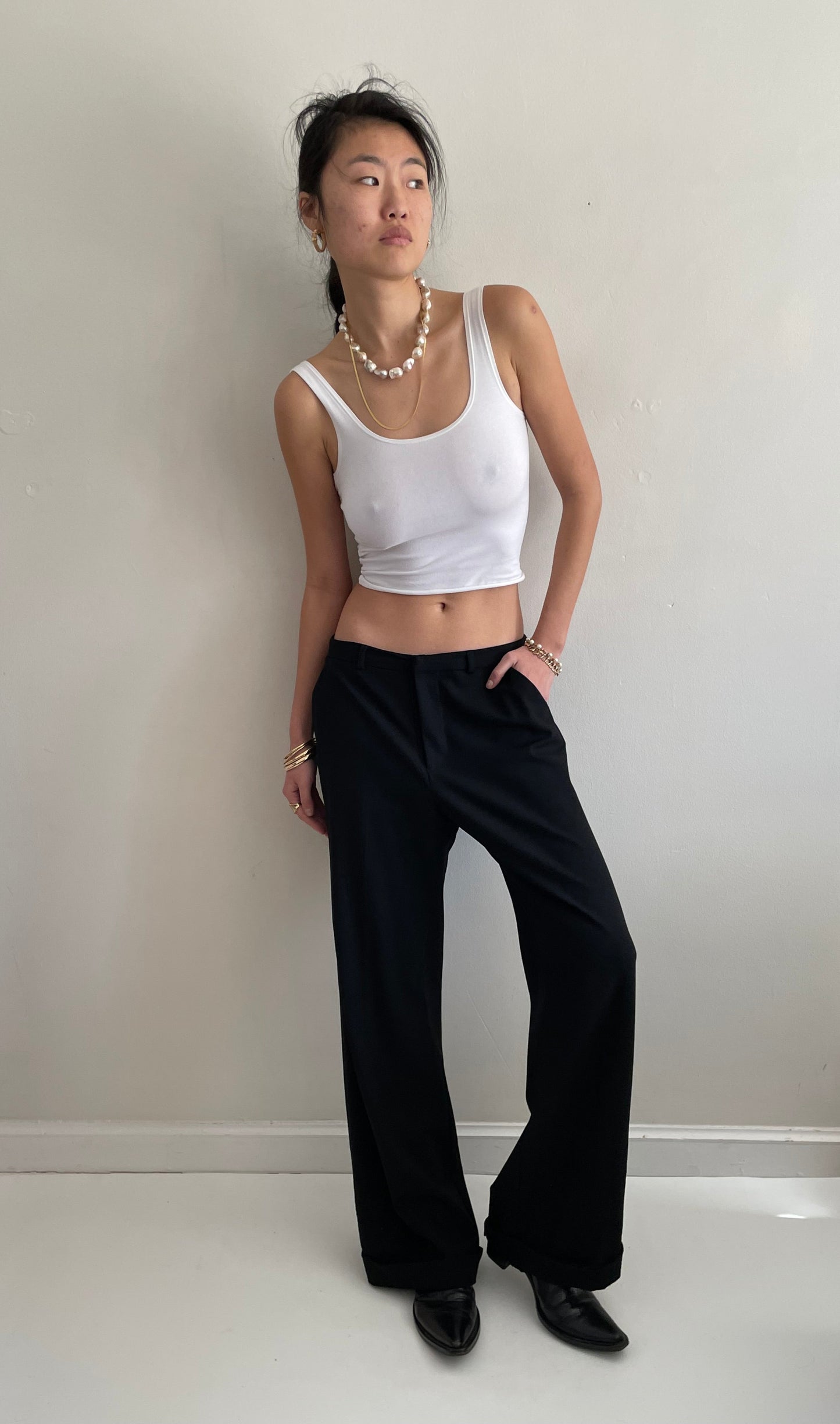 Vintage Y2K Black Wool Flat Front Wide Leg Cuffed Mid Rise Loose Dressy Pants Trousers | Waist size 30 size 6