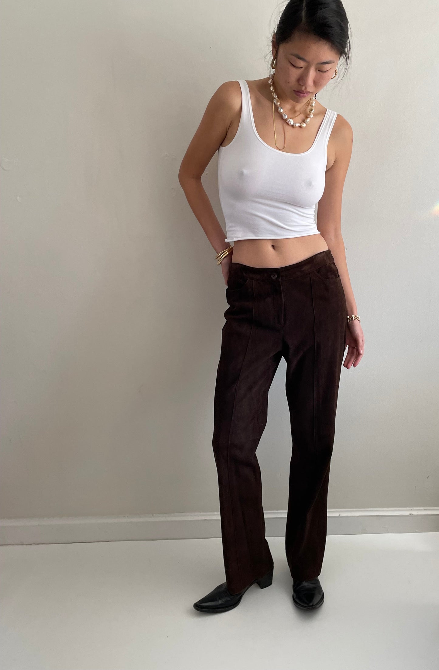 vintage 90s brown genuine suede leather flat front pants size 6 / 31