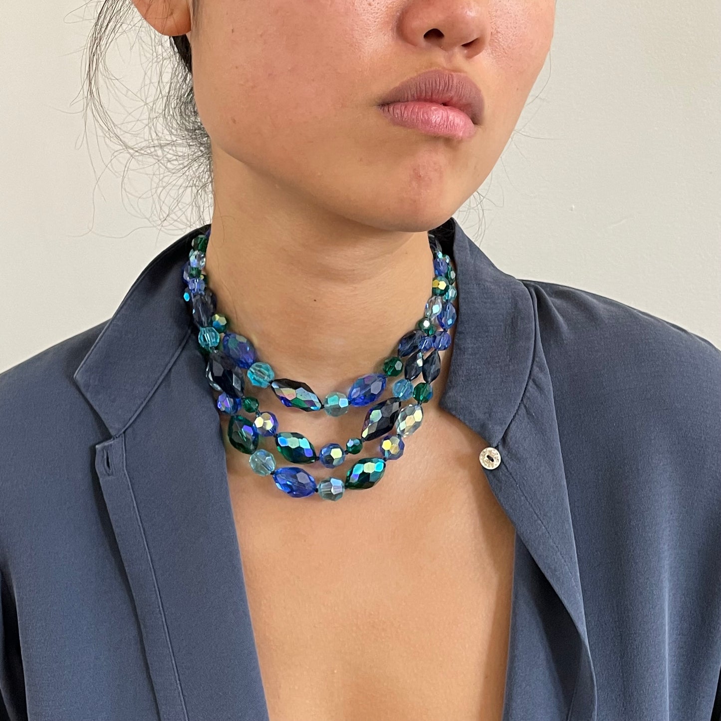 Vintage 50s Blue Aurora Borealis Cut Crystal 3 Strand Choker Collar Necklace + Earrings