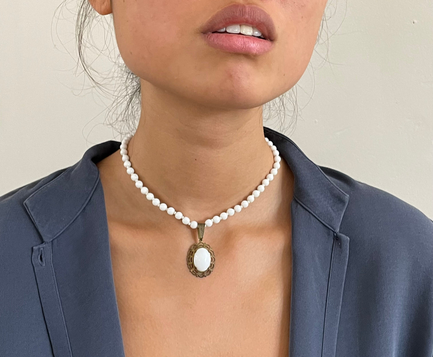 Vintage Miriam Haskell White Milk Glass Beaded Choker Pendant Necklace signed 50s Miram Haskell Jewelry
