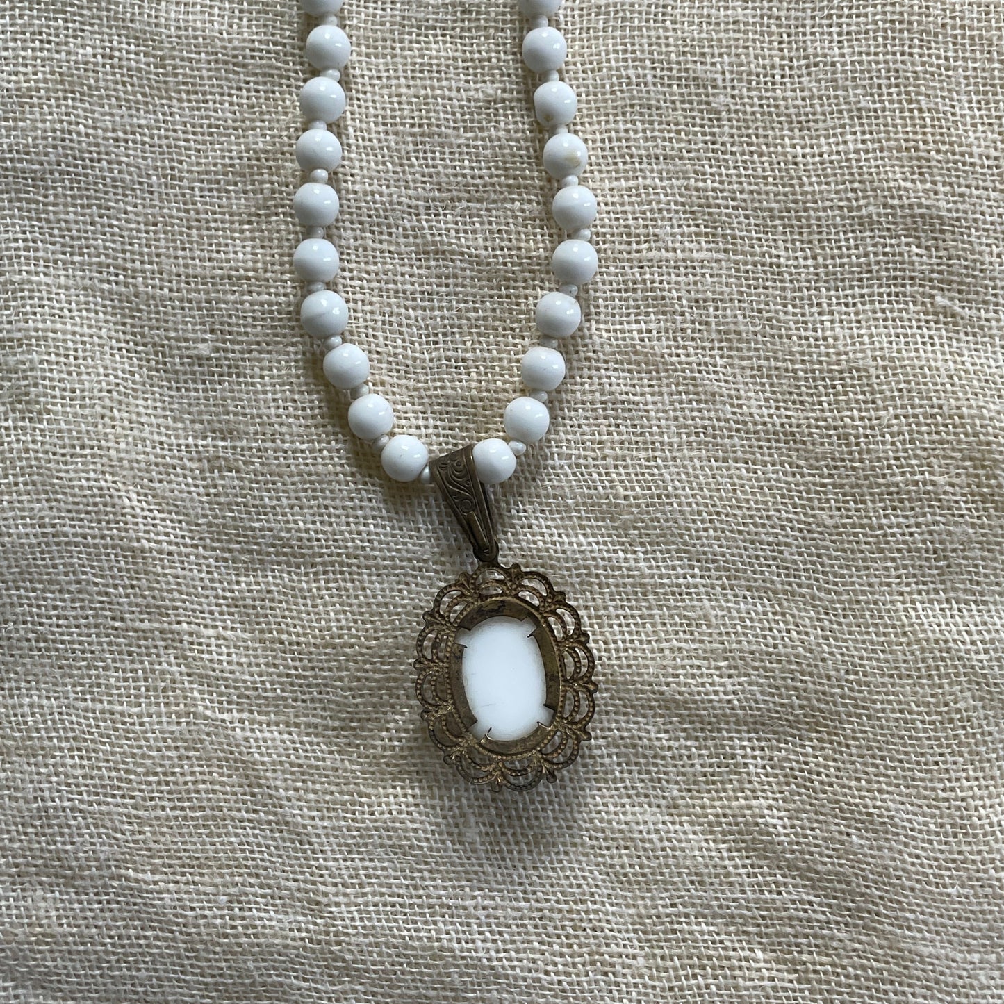 Vintage Miriam Haskell White Milk Glass Beaded Choker Pendant Necklace signed 50s Miram Haskell Jewelry
