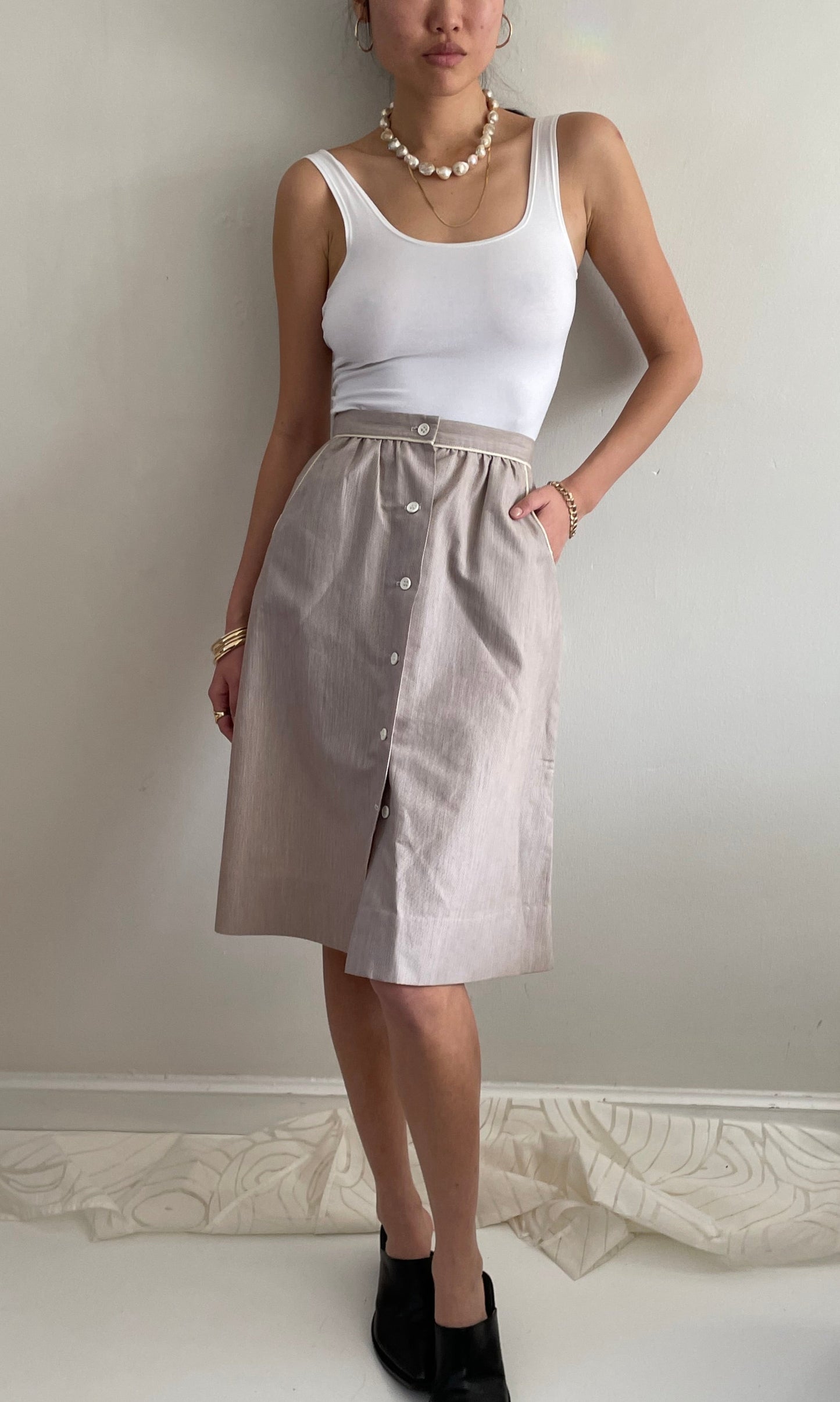 vintage button front knee length preppy striped skirt 25 W