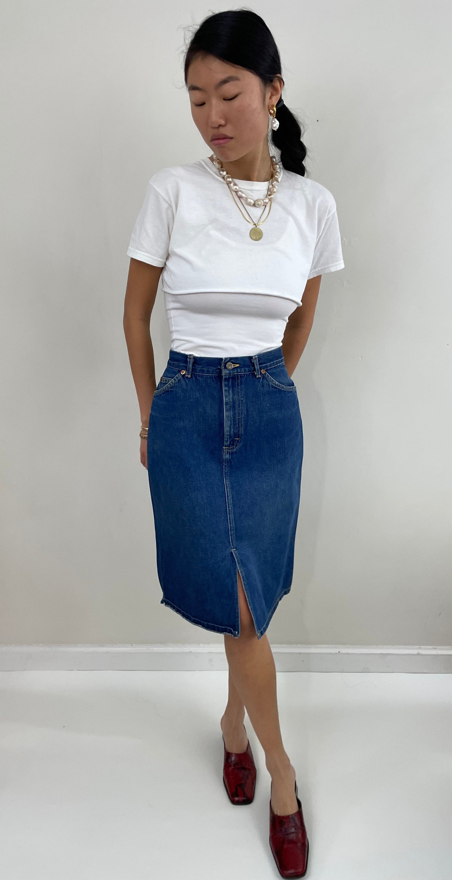 Vintage 90s Denim Blue Jean Lee Skirt made USA 25 Waist