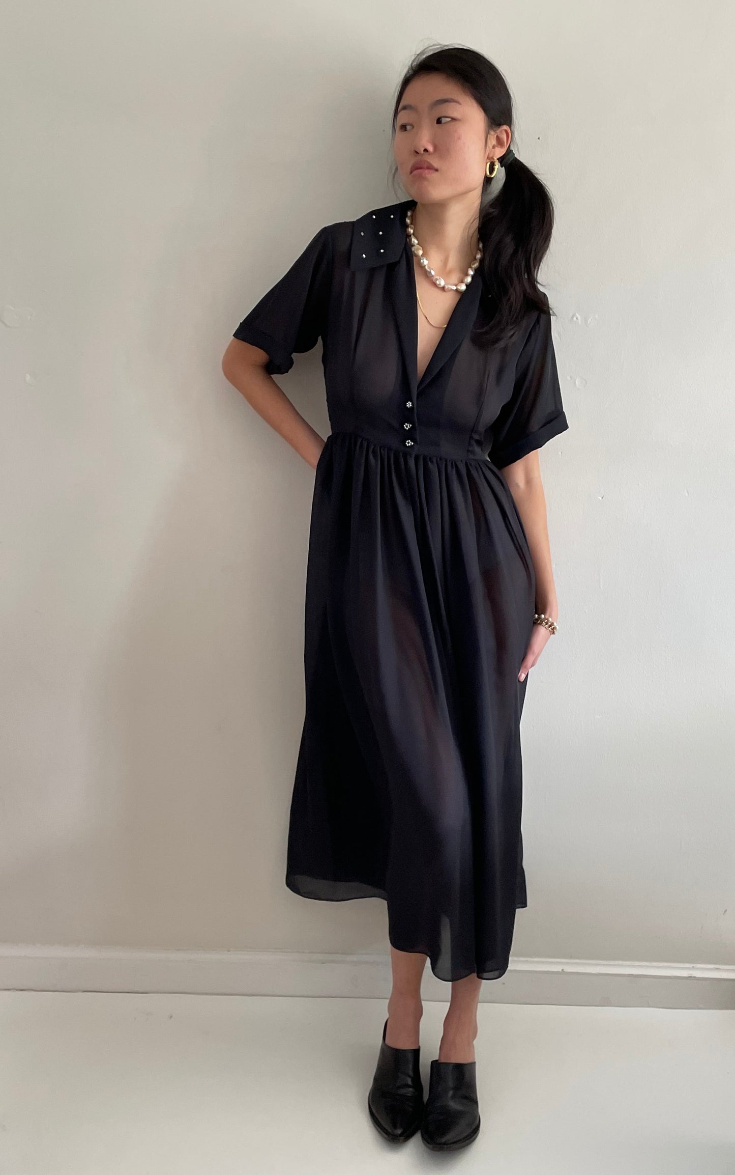vintage 60s black sheer chiffon cocktail wedding guest midi dress Medium