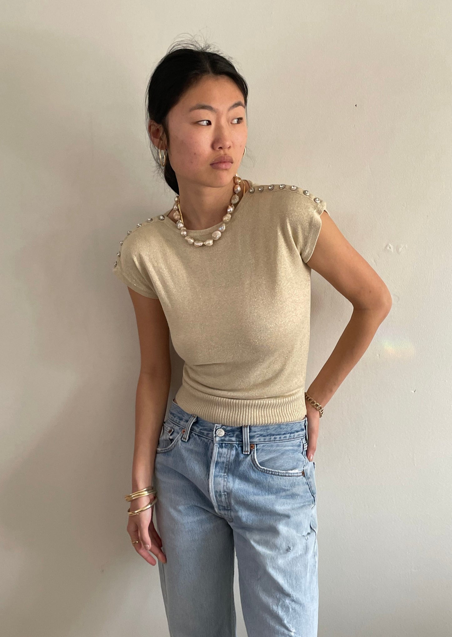 vintage gold knit cropped tee t-shirt shoulder button sweater Medium