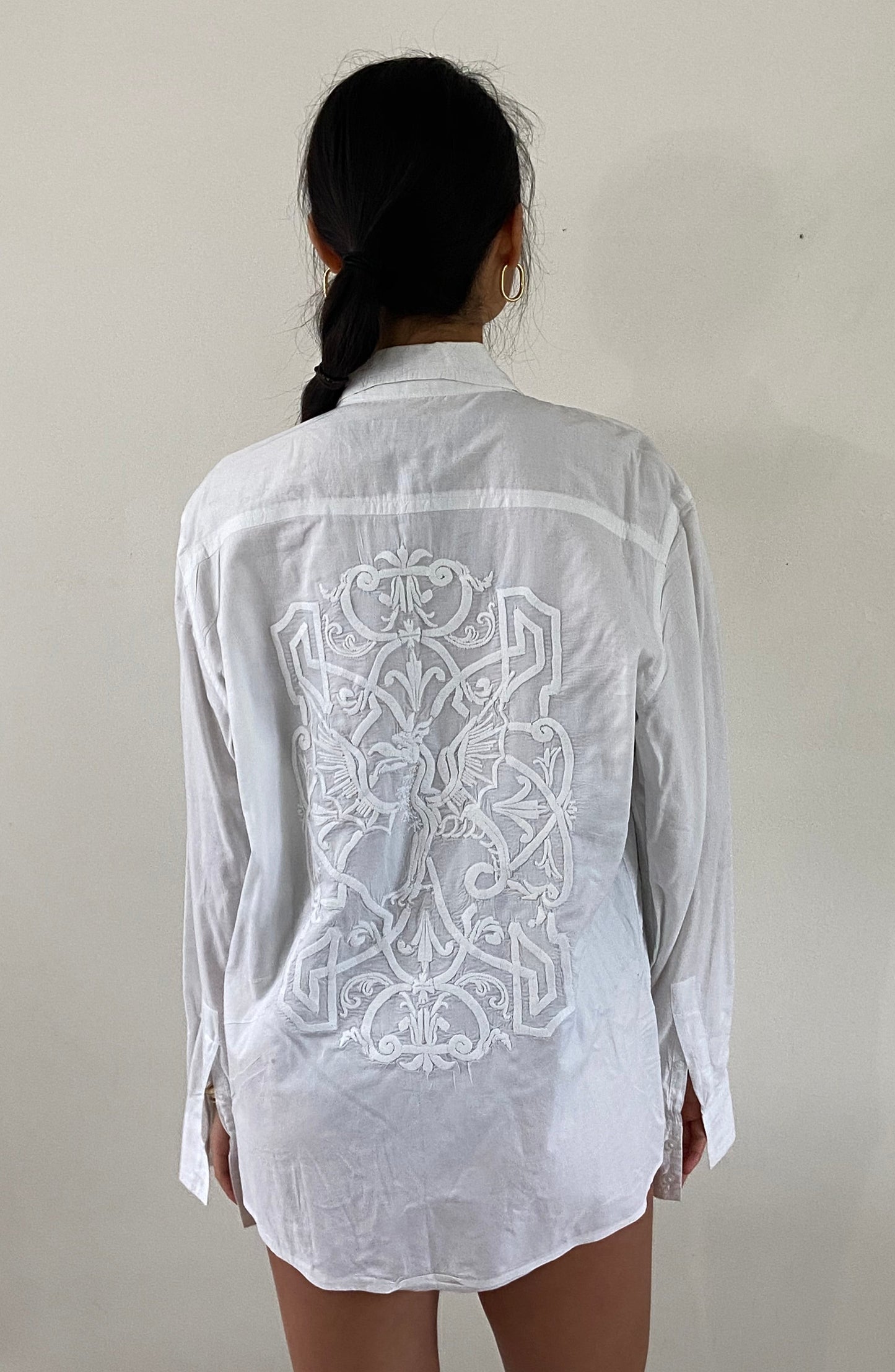 vintage 90s embroidered white on white embroidery cotton batiste button down oversized shirt blouse | XL