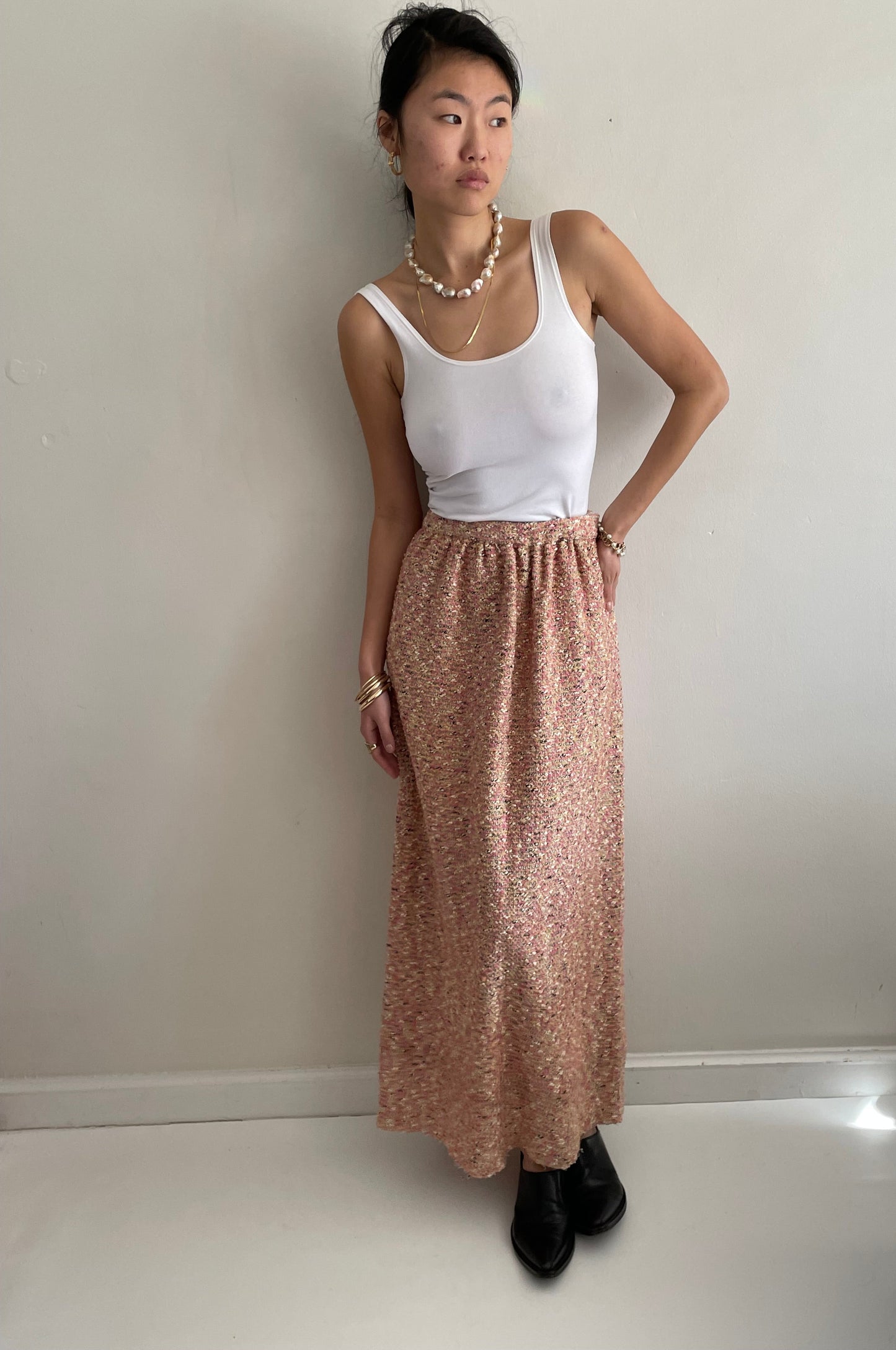 vintage 70s pink nubby boucle wool tweed handmade maxi skirt | Waist size 26