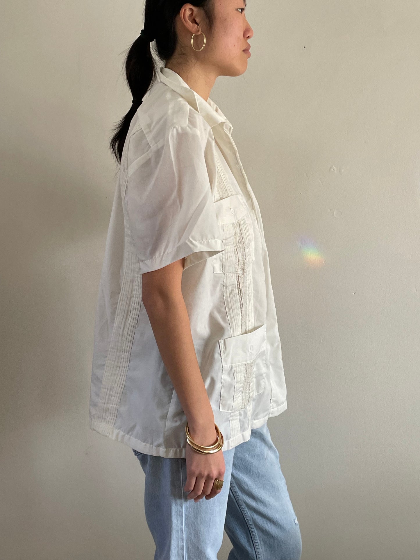 vintage embroidered zip front Haband Guayabera cotton white short sleeve shirt | XL