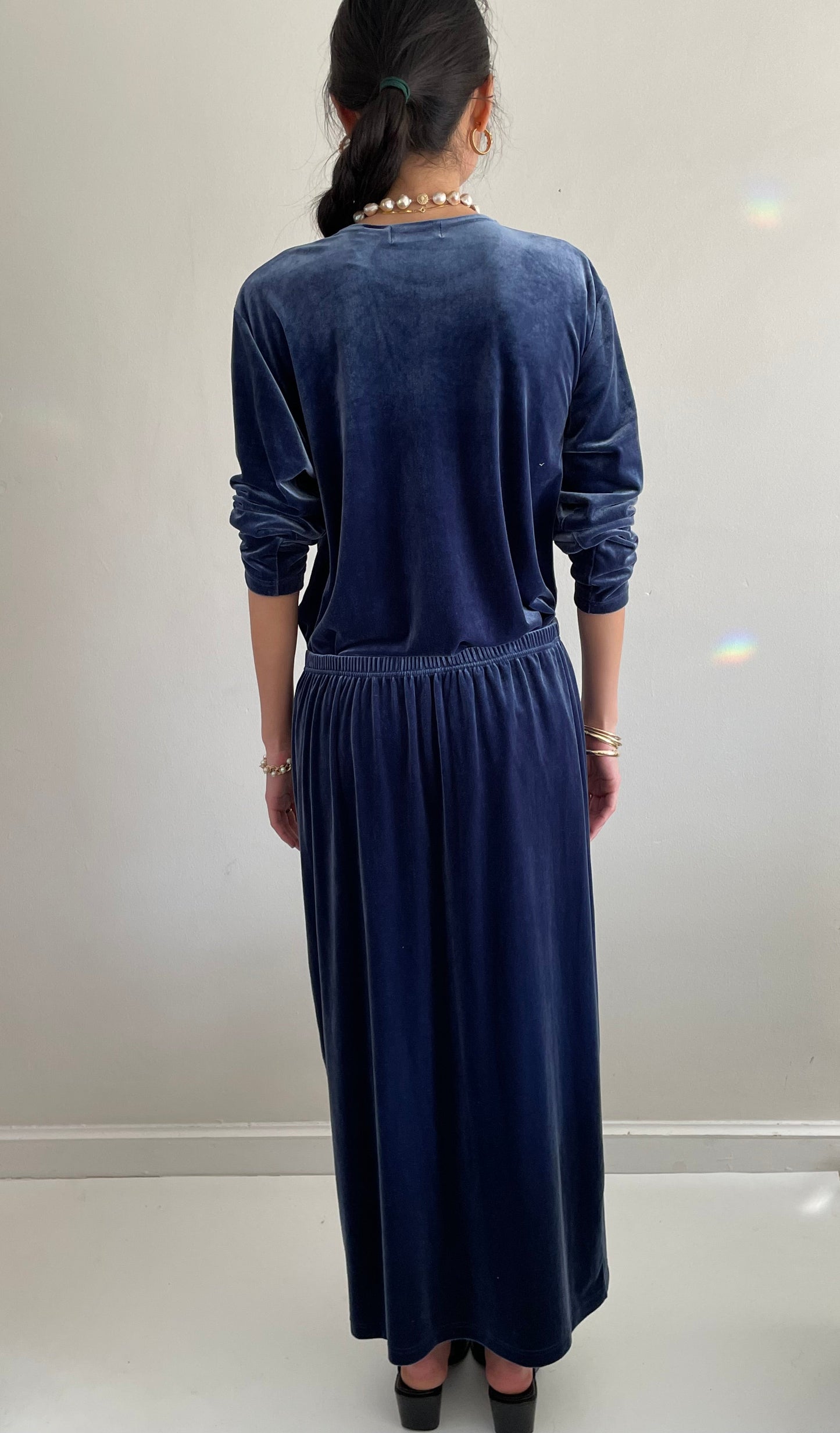 vintage 90s stretch velvet 2 piece indigo blue tunic sweatshirt + skirt matching set XL