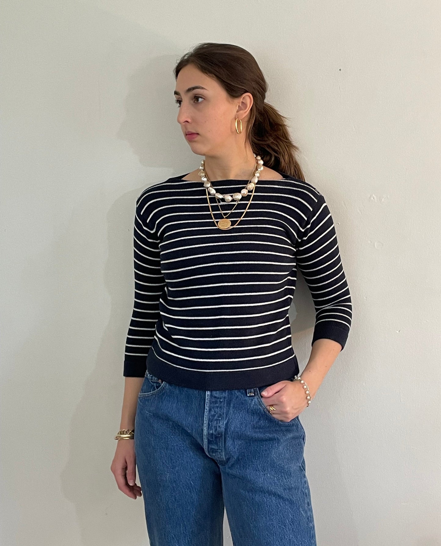 vintage 90s striped cotton sweater | navy blue Breton striped bateau boat neck sweater Medium