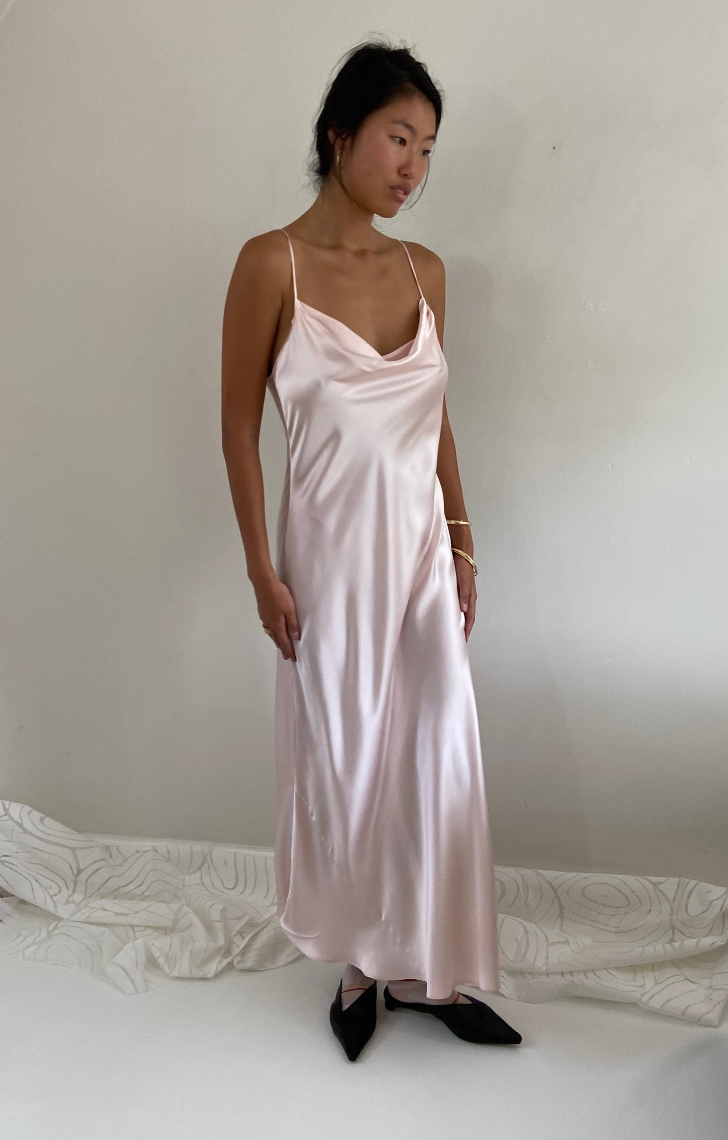vintage 90s 100% silk charmeuse blush pink maxi slip wedding guest dress M/L