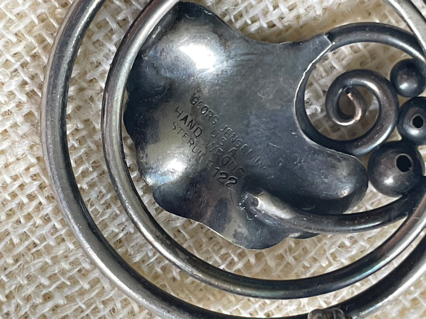 Vintage 40s Georg Jensen Hand Wrought Pin USA Sterling Silver Leaves Vine Berries Signed Nordic Brooch