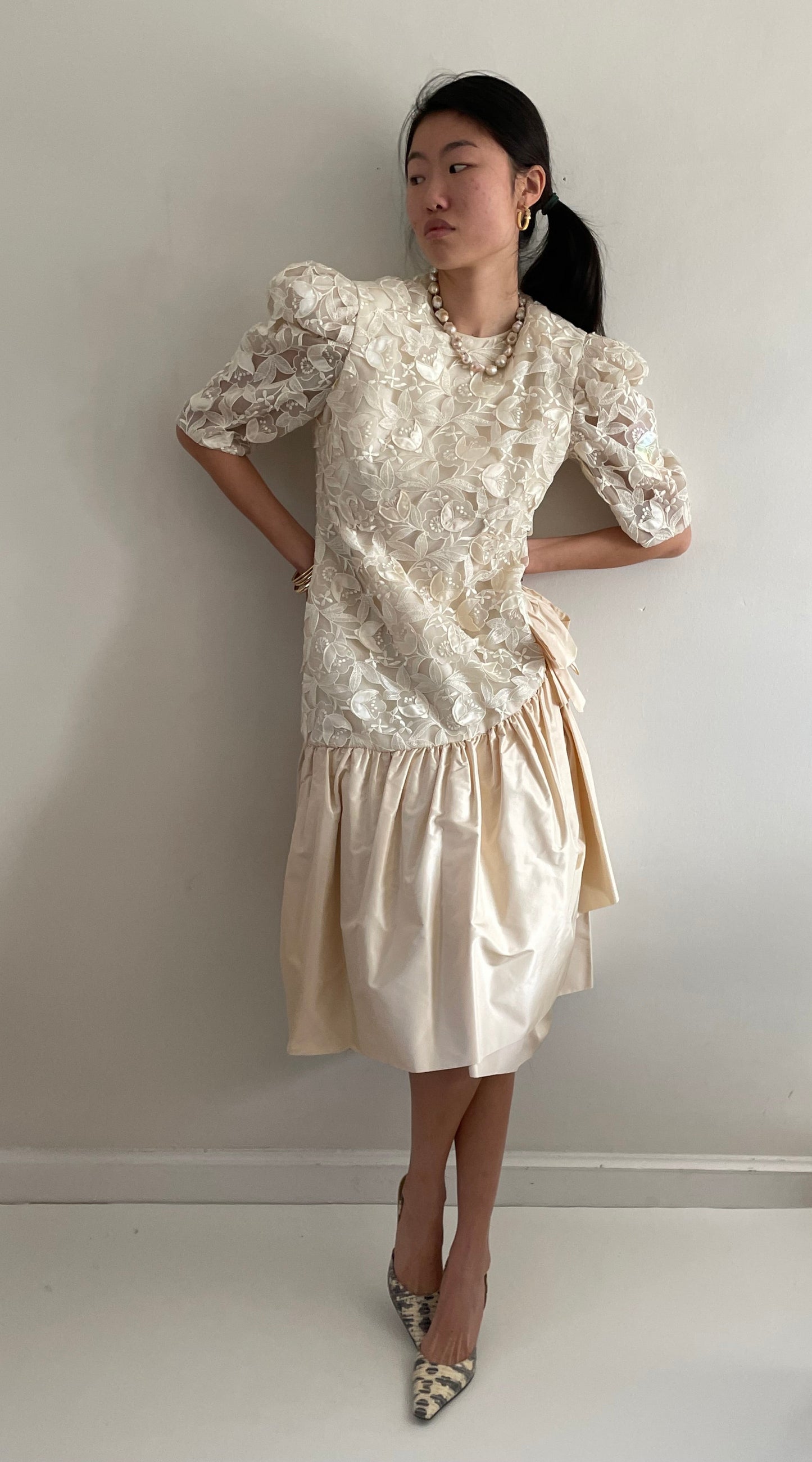 Vintage 80s Lace Dropped Waist Open Lace Silk Taffeta Princess Di Tea Dress | Medium