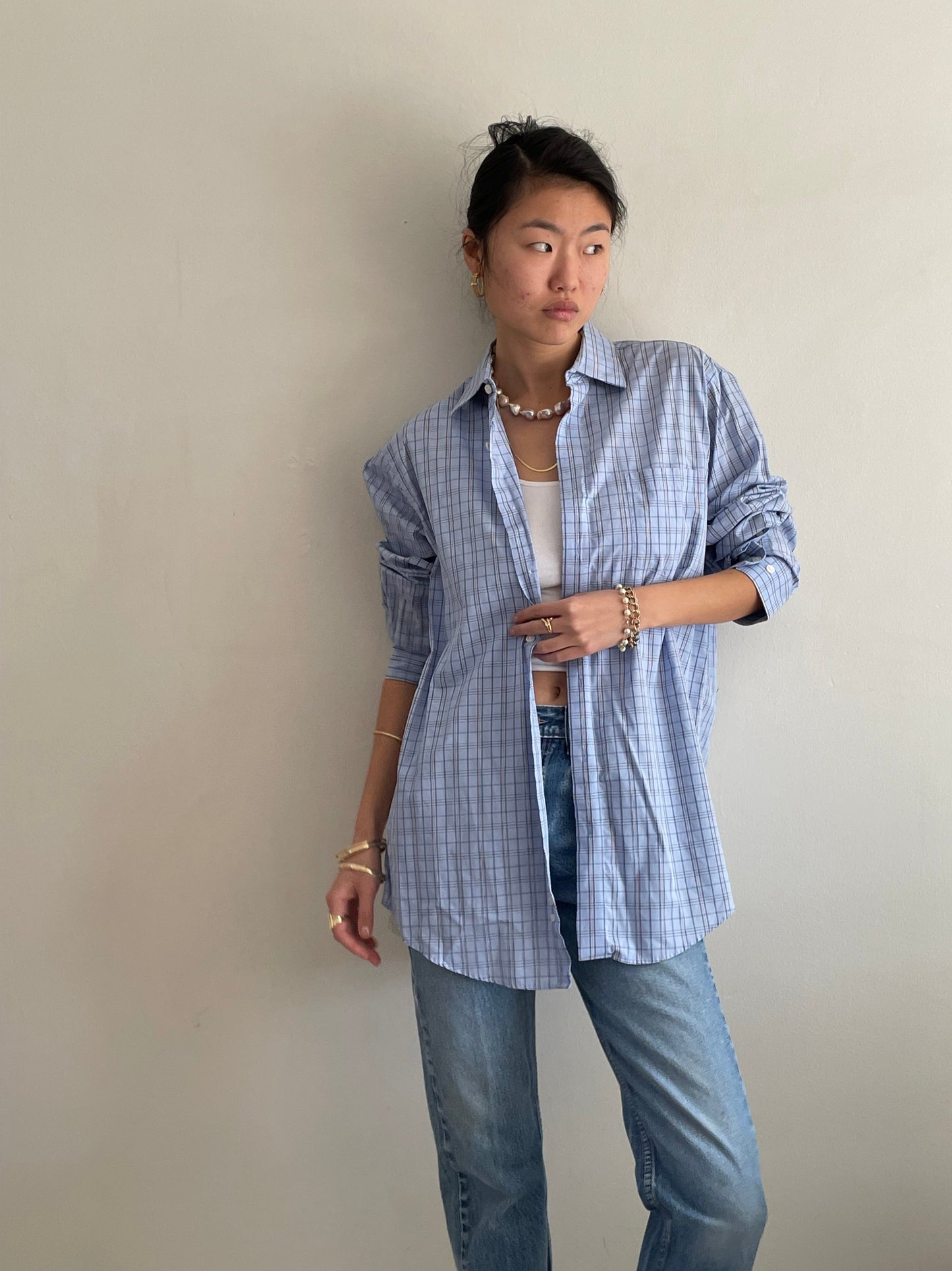 vintage light blue plaid checked oversized soft cotton boyfriend shirt | Large