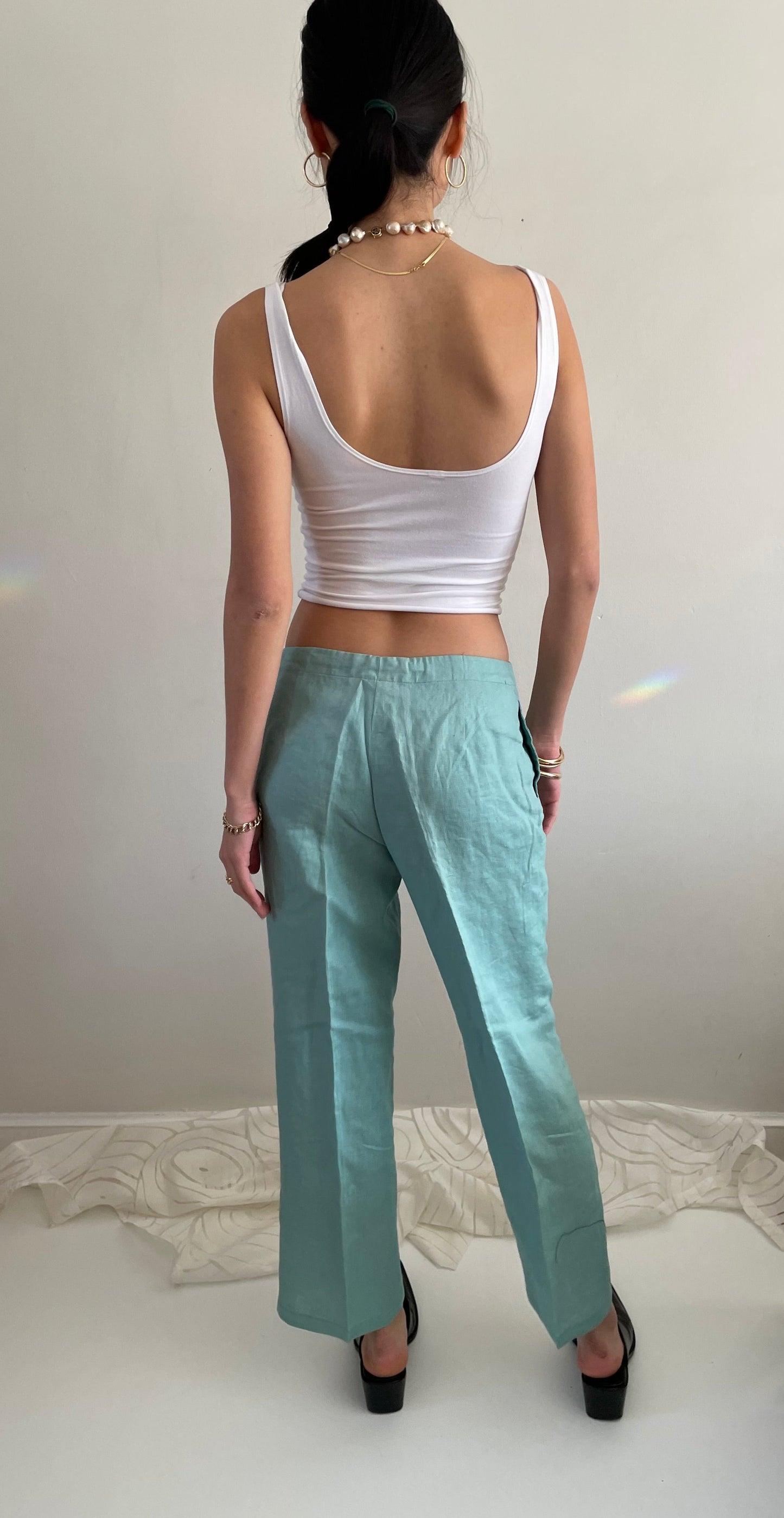 vintage linen drawstring sea foam aqua green linen easy wide leg pants | Medium