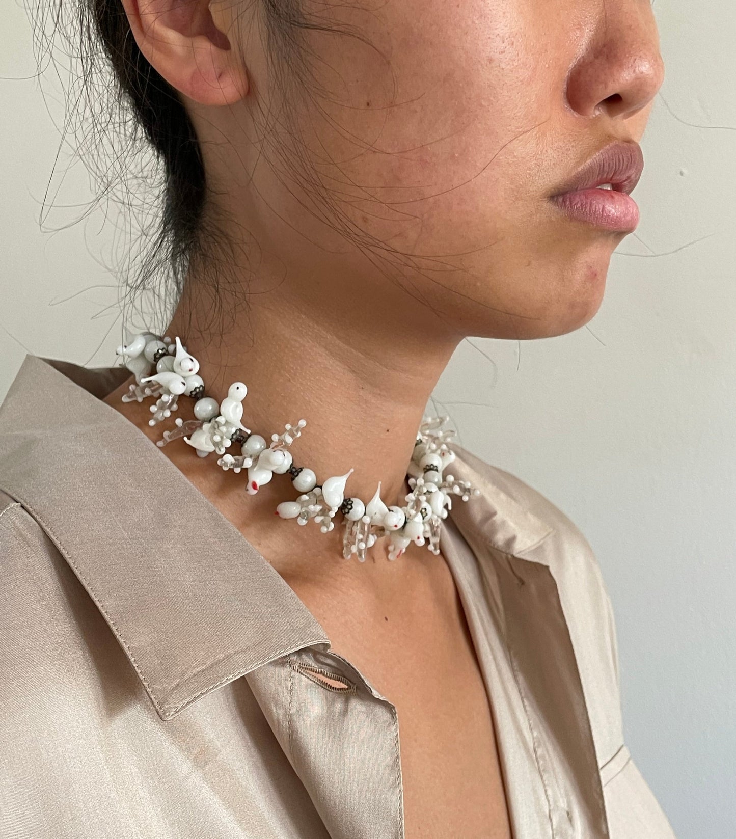 vintage antique venetian white glass dove bird garden choker necklace | vintage jewelry
