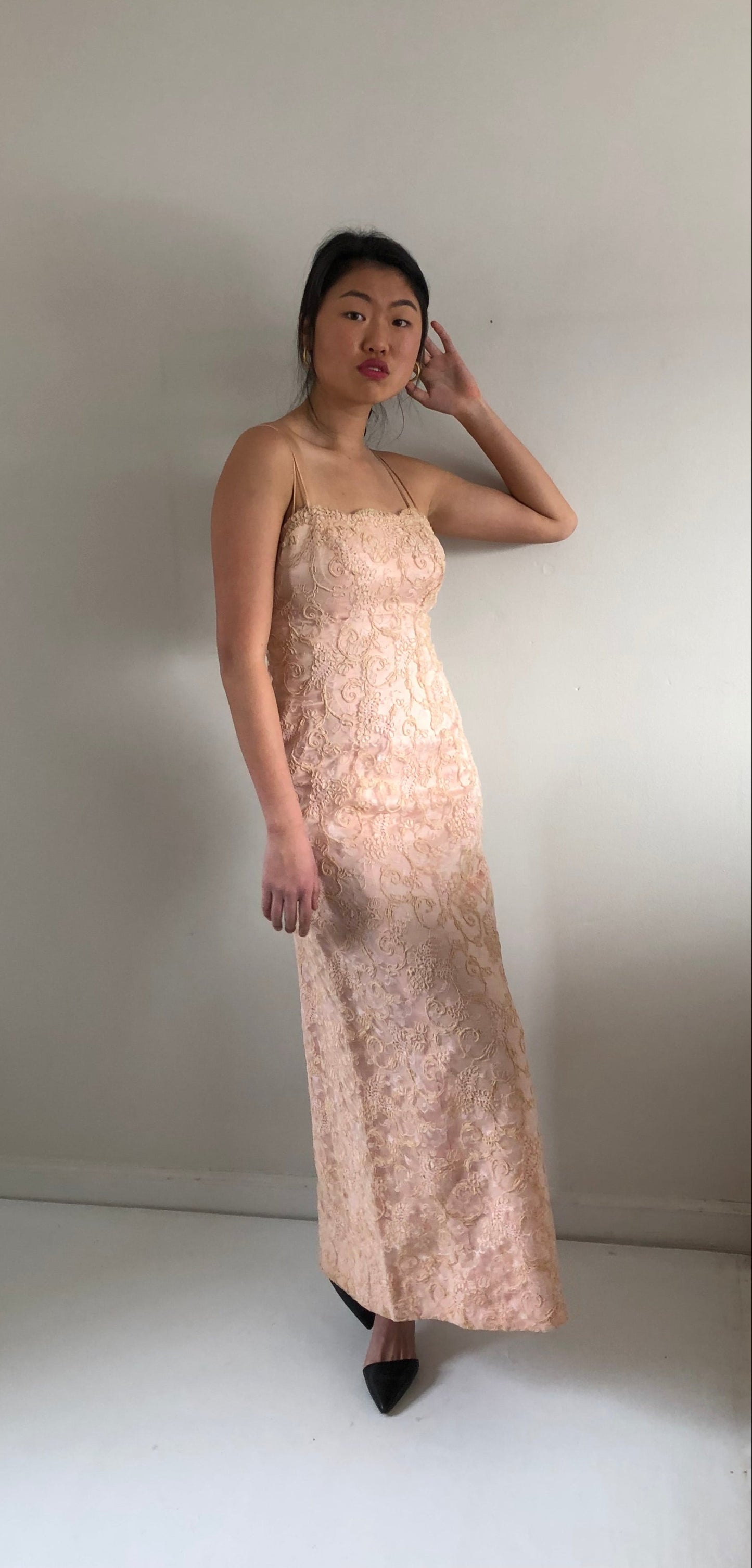 vintage 50s 60s chantilly lace strapless wiggle mermaid light blush pink gown maxi wedding guest dress