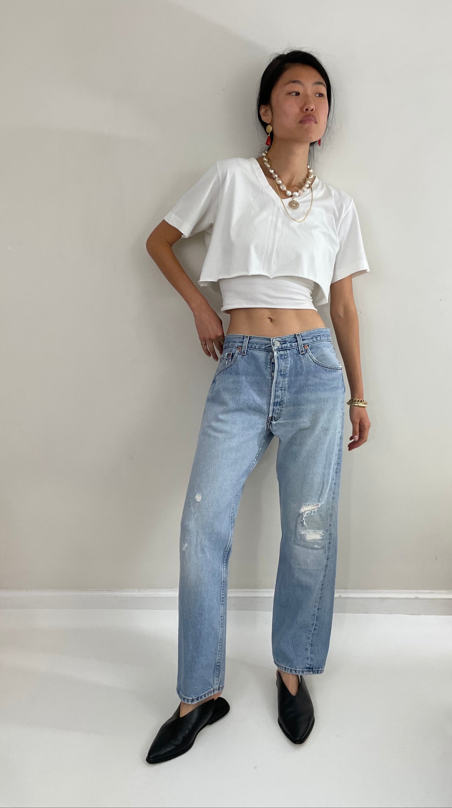 RESERVED Vintage 80s Levi's 501 faded button fly medium wash red tab patched knee Levis iconic jeans size 32 x 29