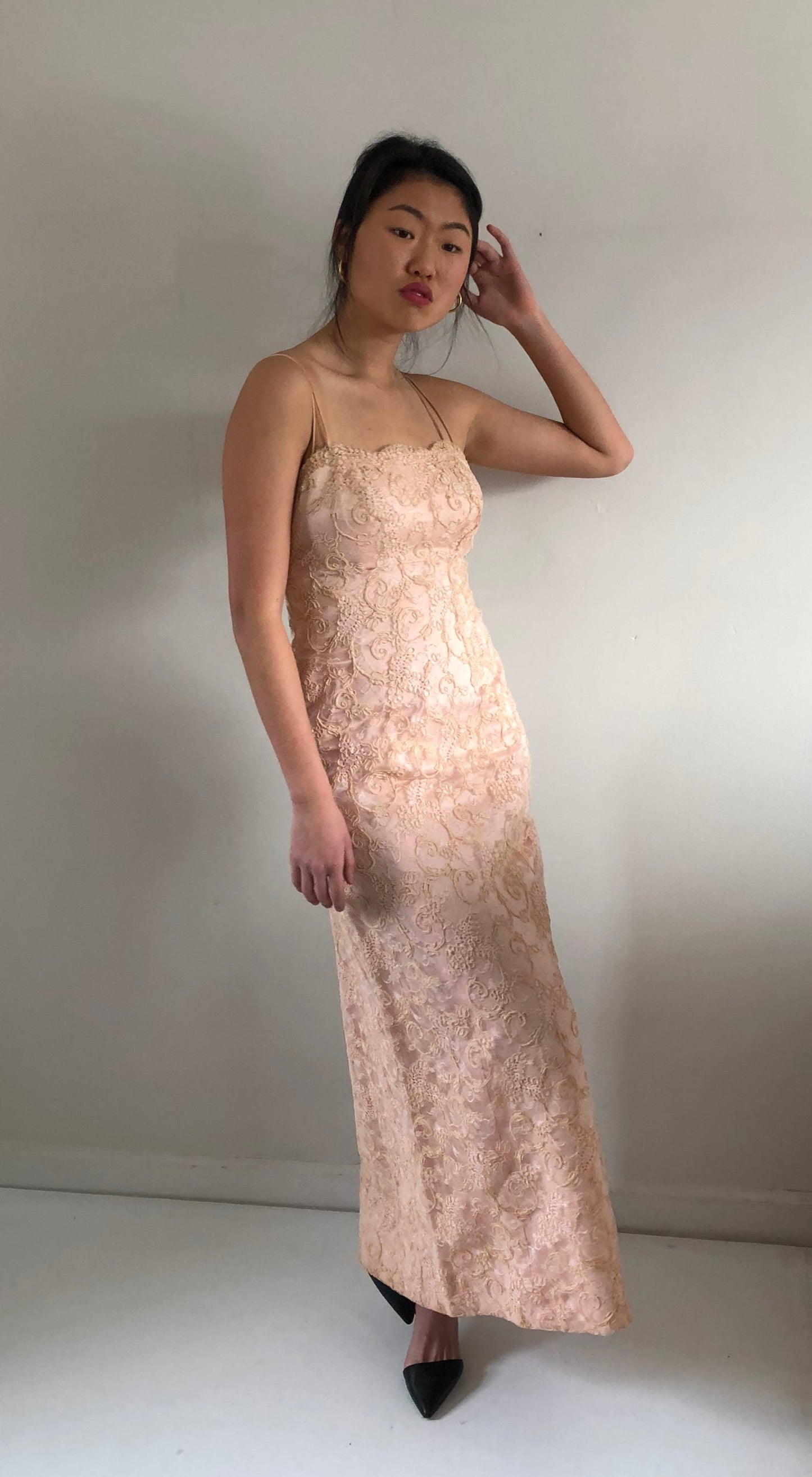 vintage 50s 60s chantilly lace strapless wiggle mermaid light blush pink gown maxi wedding guest dress