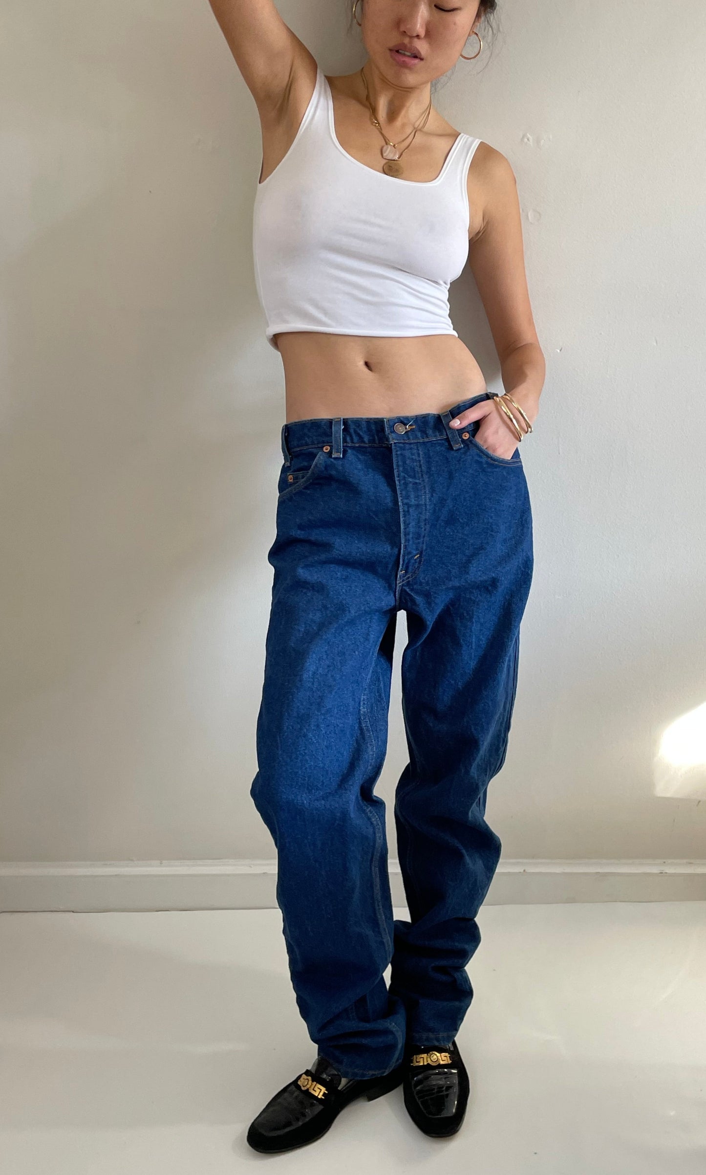 vintage Levi's 505 orange tab dark wash slouchy baggy zipper fly boyfriend tall Levis jeans size 34