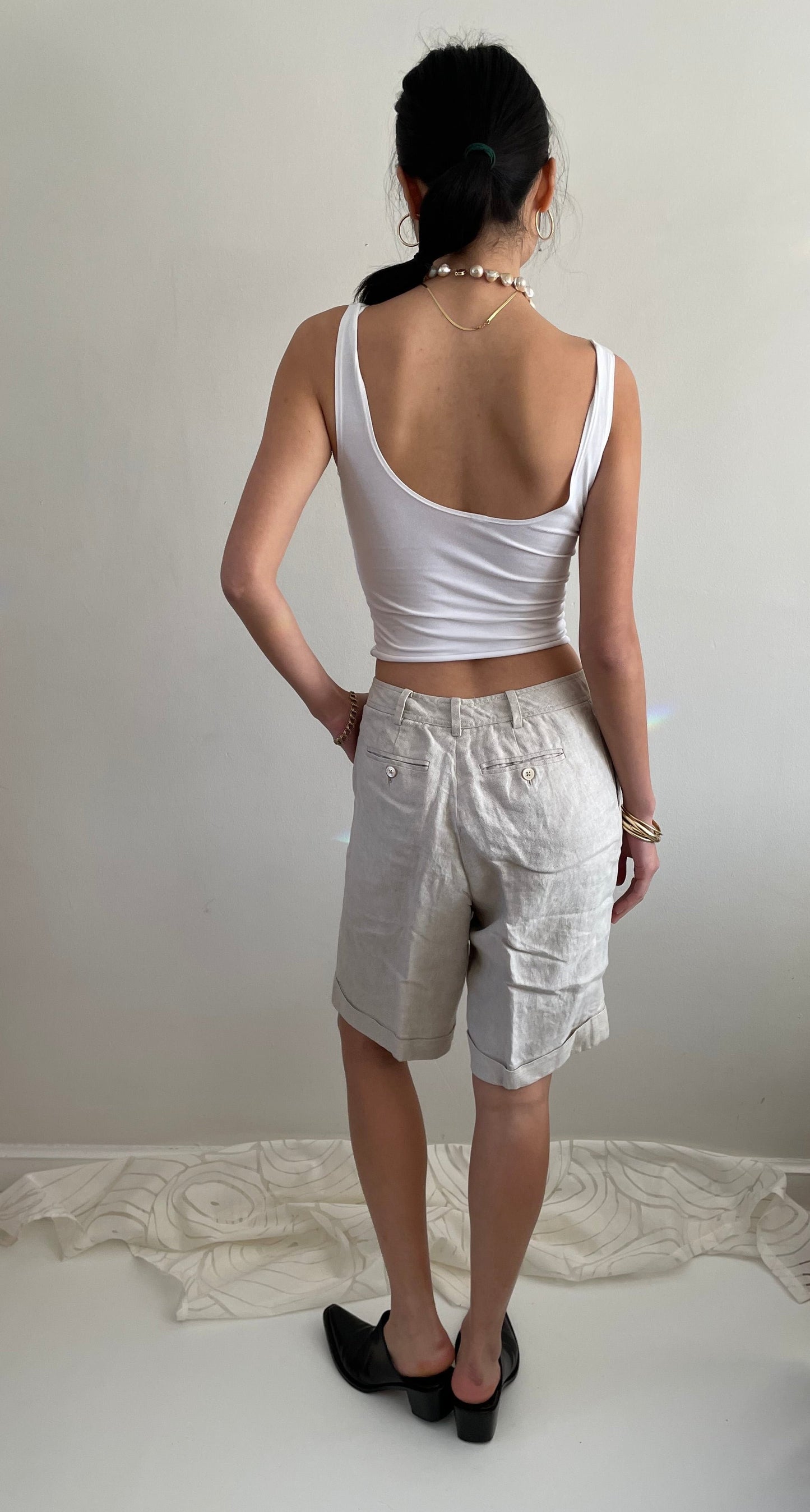 vintage linen silk oatmeal cuffed pleated trouser shorts 29 waist