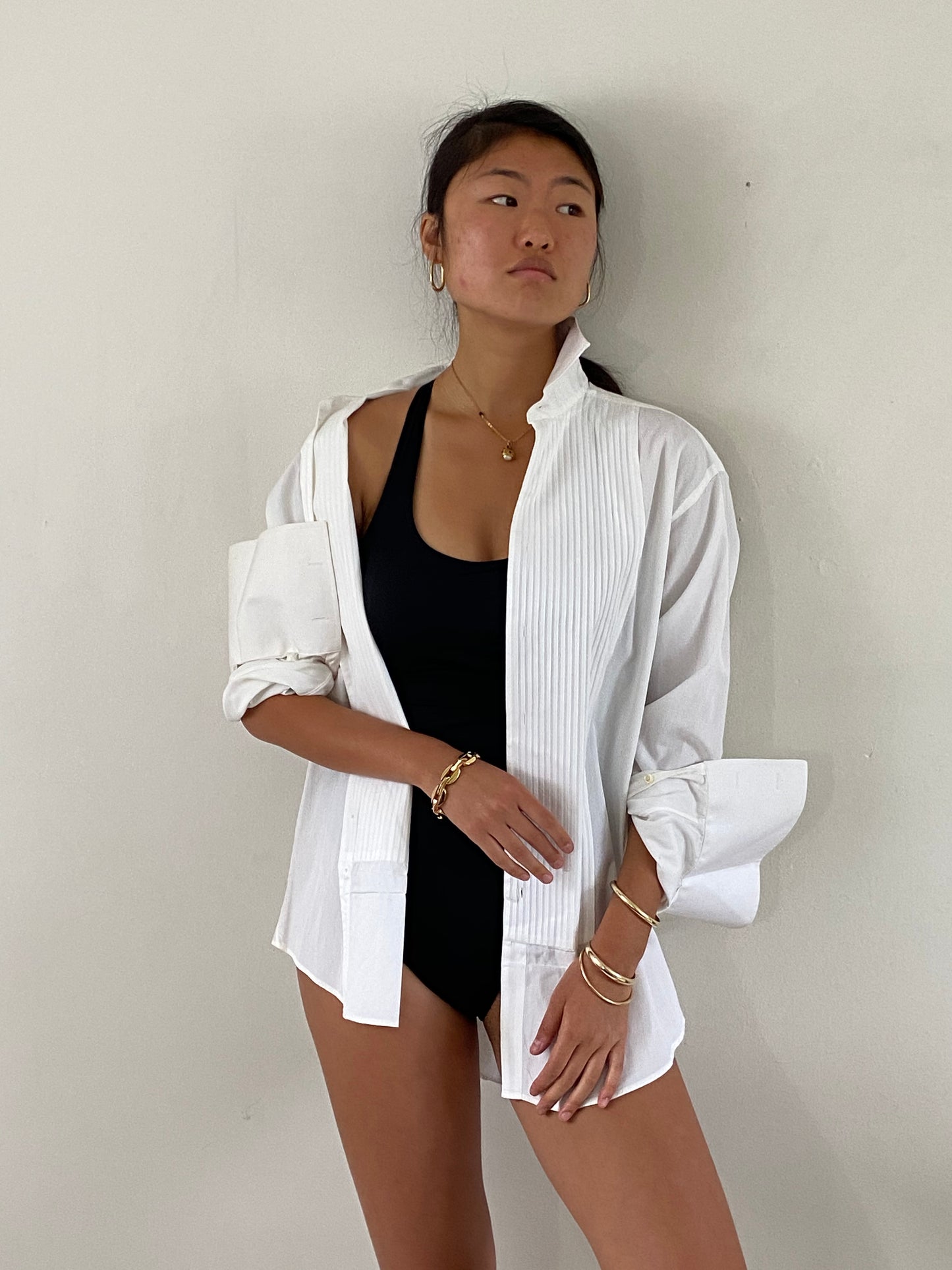 vintage crisp white cotton Italian tuxedo boyfriend shirt / oversized shirt | Large