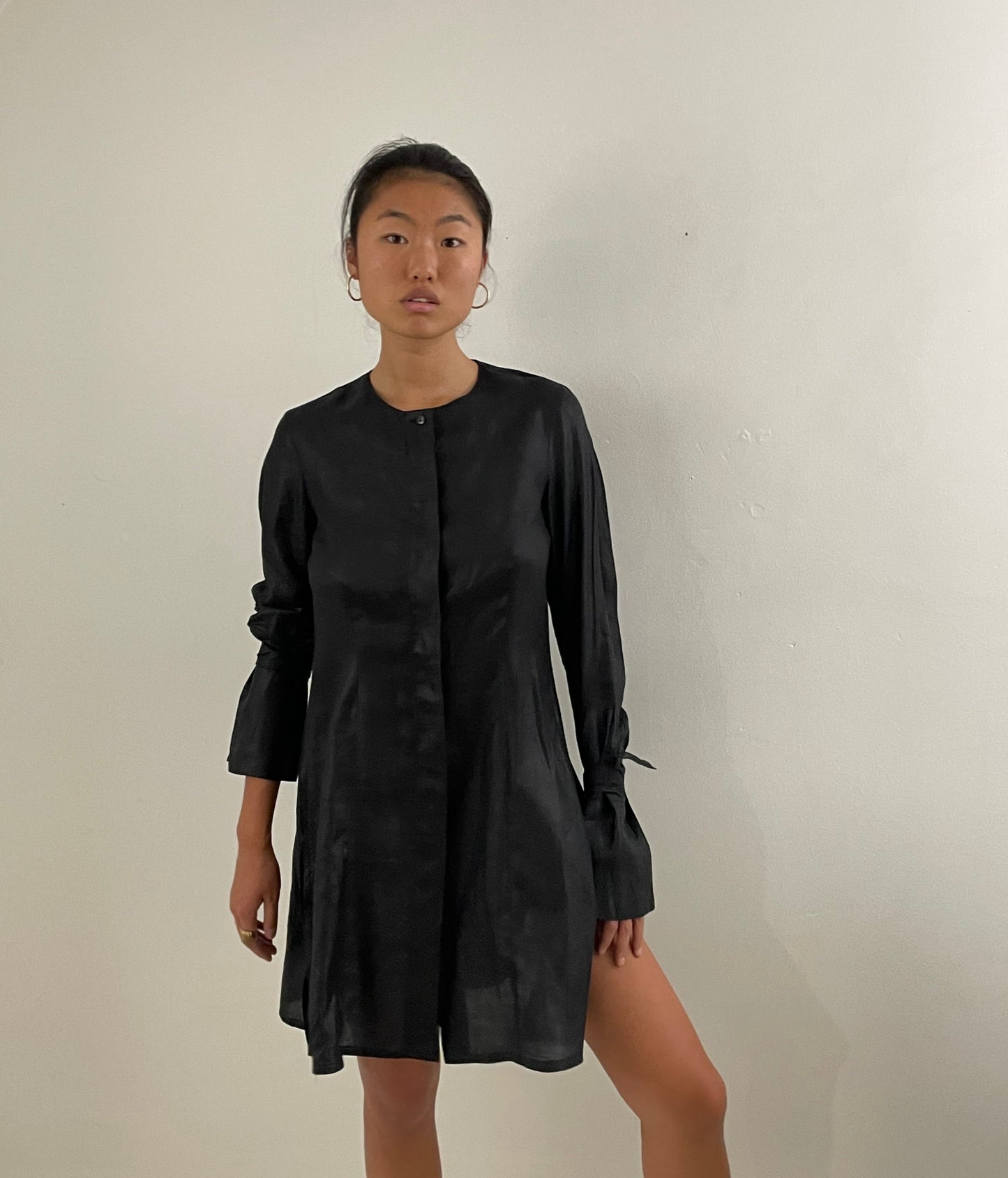 Vintage 100% handkerchief linen avant-garde black shirt dress M
