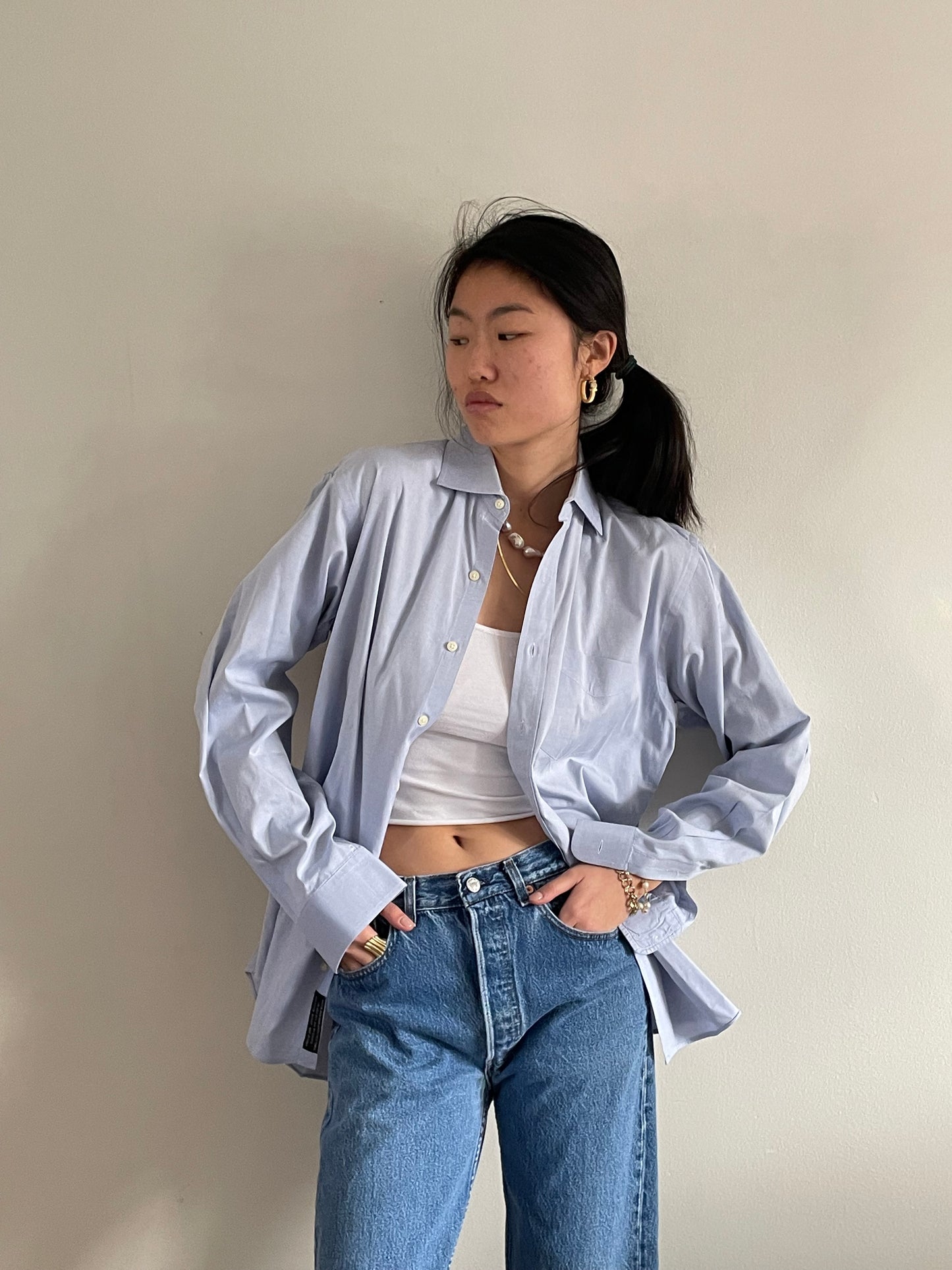 vintage 80s ice blue cotton shirt | oversized baby blue solid button down boyfriend shirt blouse | Medium