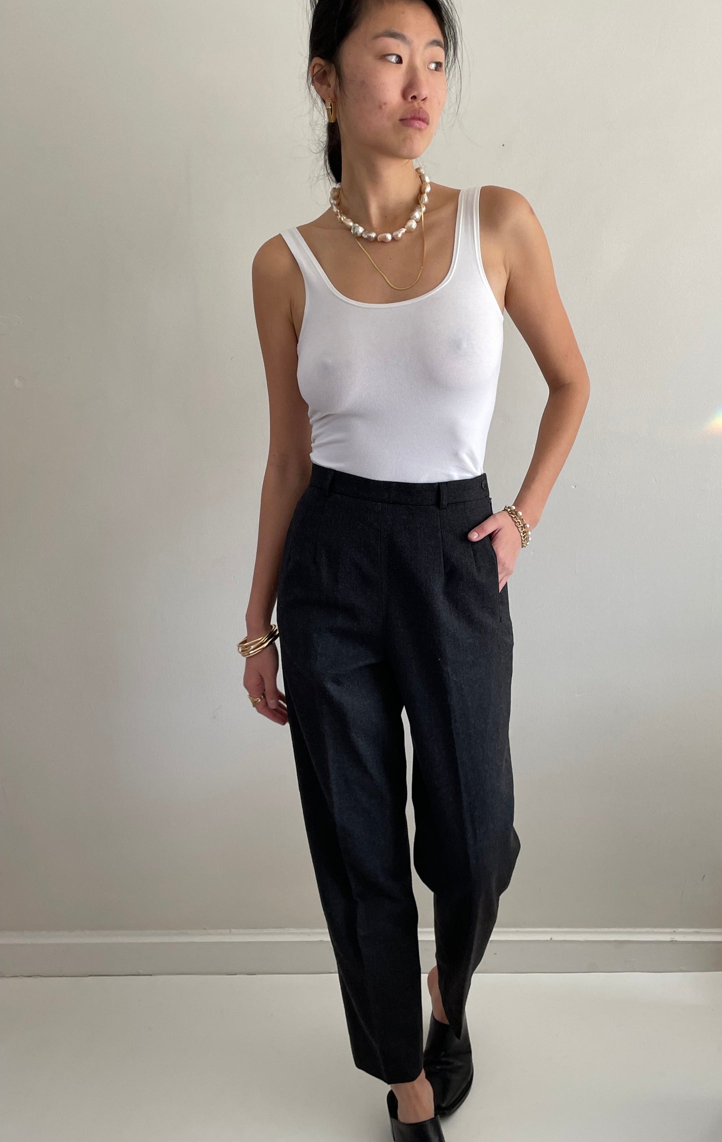 Vintage 90s Wool Pants | Charcoal Gray Flat Front Straight Cigarette Leg Pants | 26 Waist