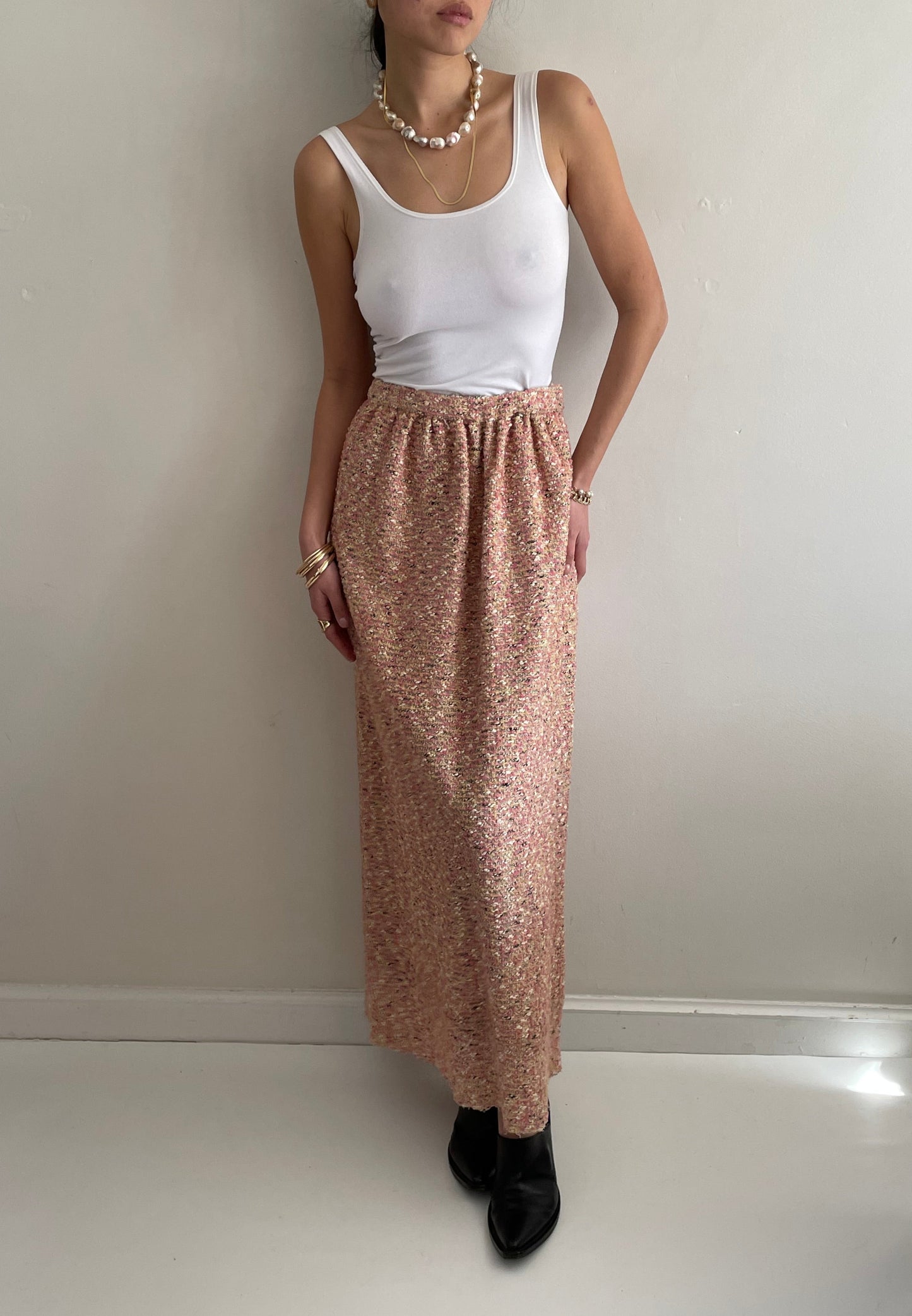 vintage 70s pink nubby boucle wool tweed handmade maxi skirt | Waist size 26